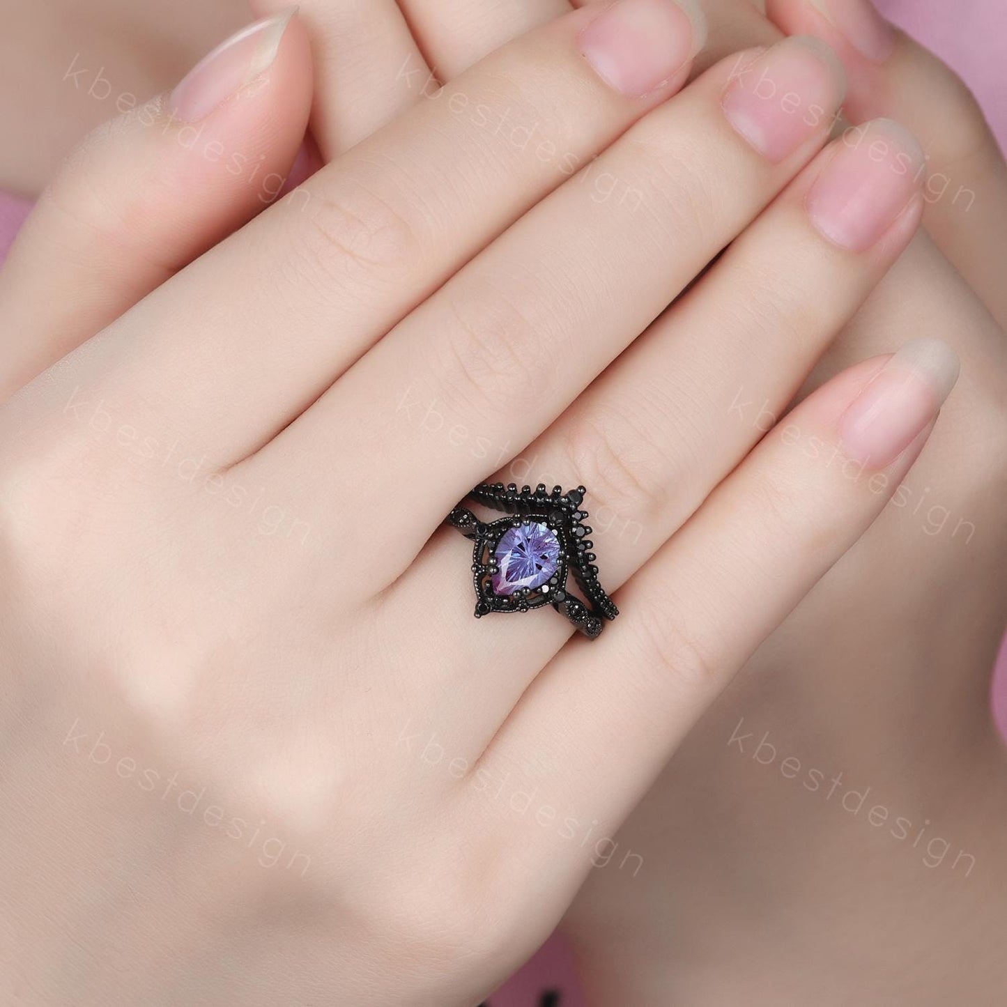 Vintage firework alexandrite engagement ring black gold ring art deco curved stacking band pear shaped bridal set unique black wedding set