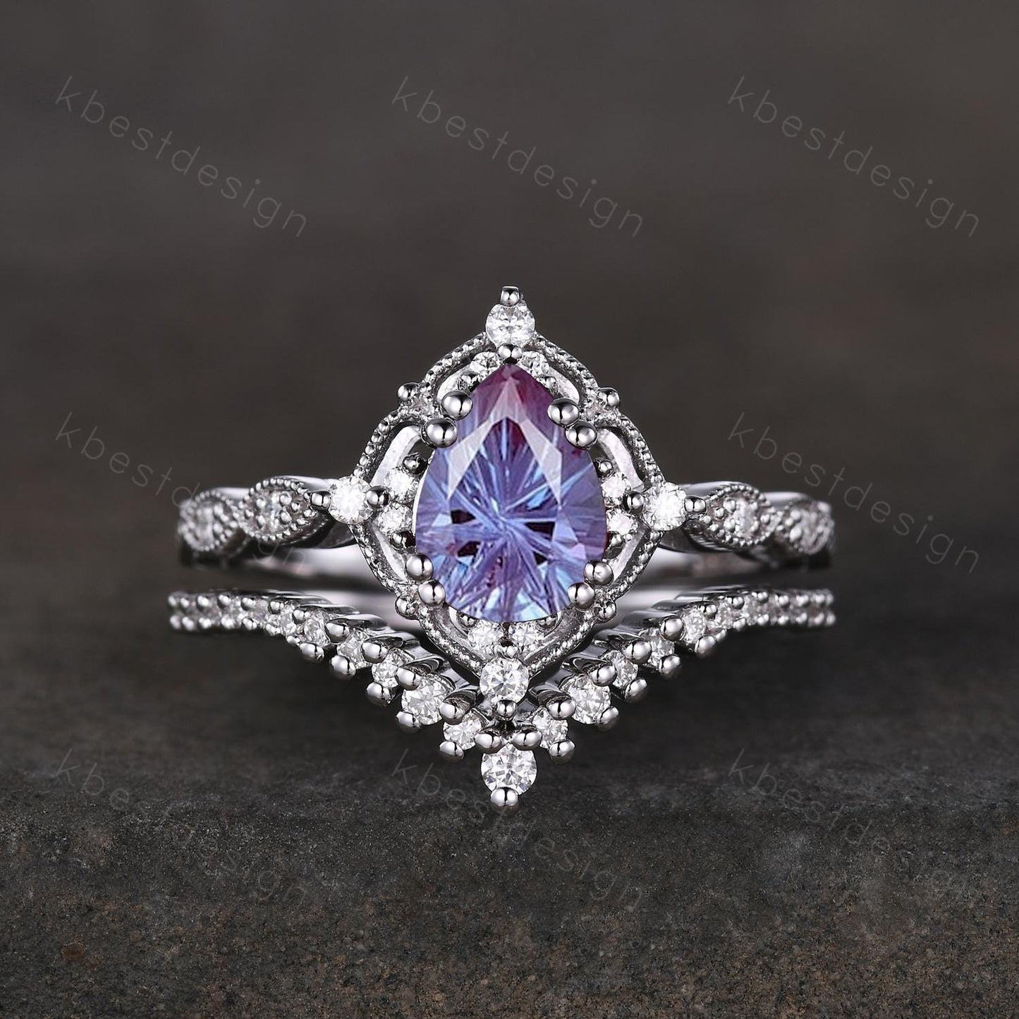 Vintage firework alexandrite engagement ring black gold ring art deco curved stacking band pear shaped bridal set unique black wedding set