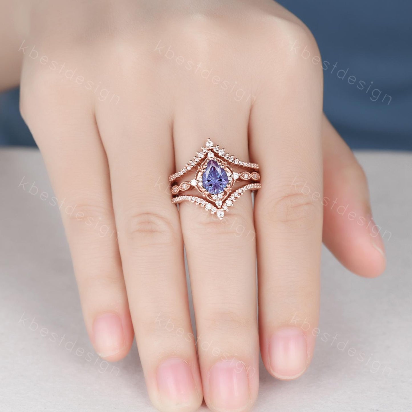 3PCS Firework alexandrite engagement ring rose gold ring art deco curved stacking band pear shaped bridal set unique moissanite wedding set