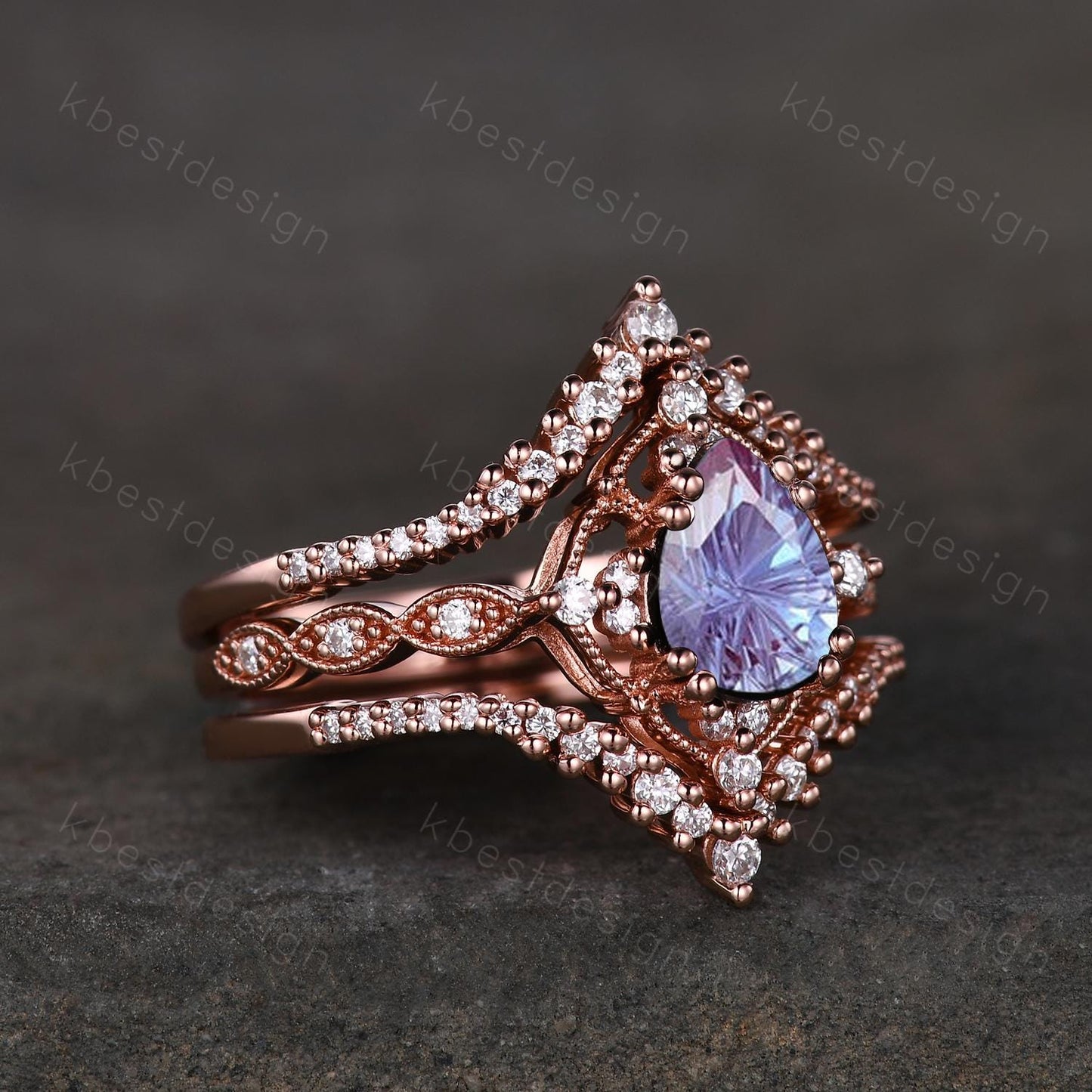 3PCS Firework alexandrite engagement ring rose gold ring art deco curved stacking band pear shaped bridal set unique moissanite wedding set