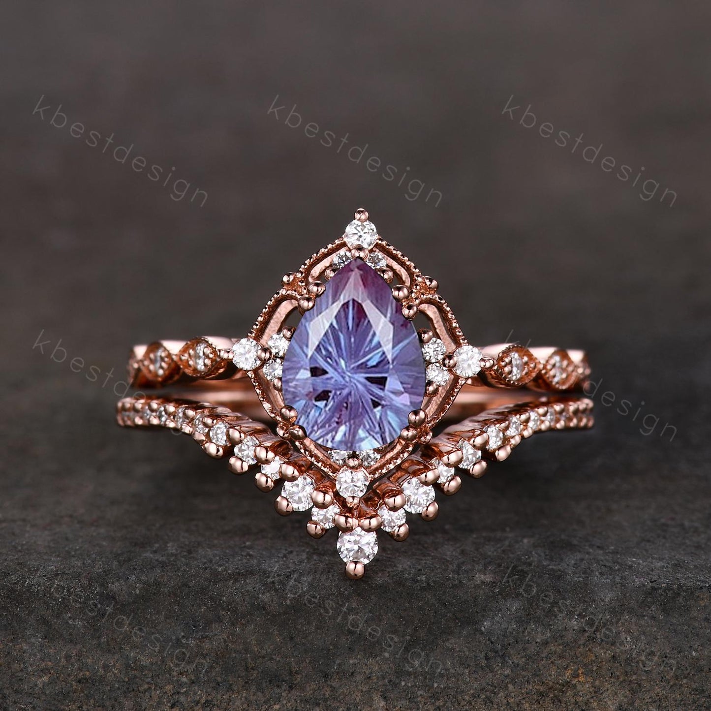 3PCS Firework alexandrite engagement ring rose gold ring art deco curved stacking band pear shaped bridal set unique moissanite wedding set