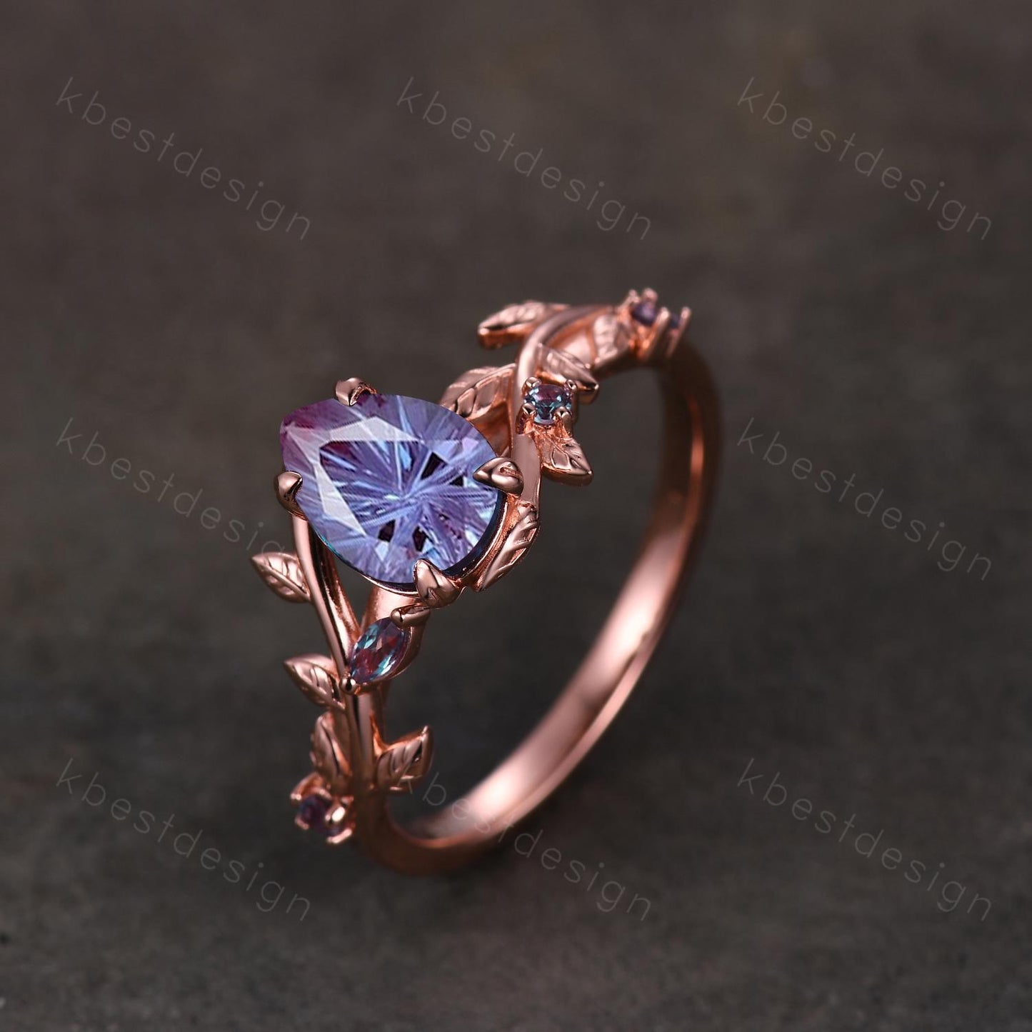 Vintage firework cut alexandrite engagement ring rose gold art deco twig leaf ring natural inspired ring unique bridal promise ring for her