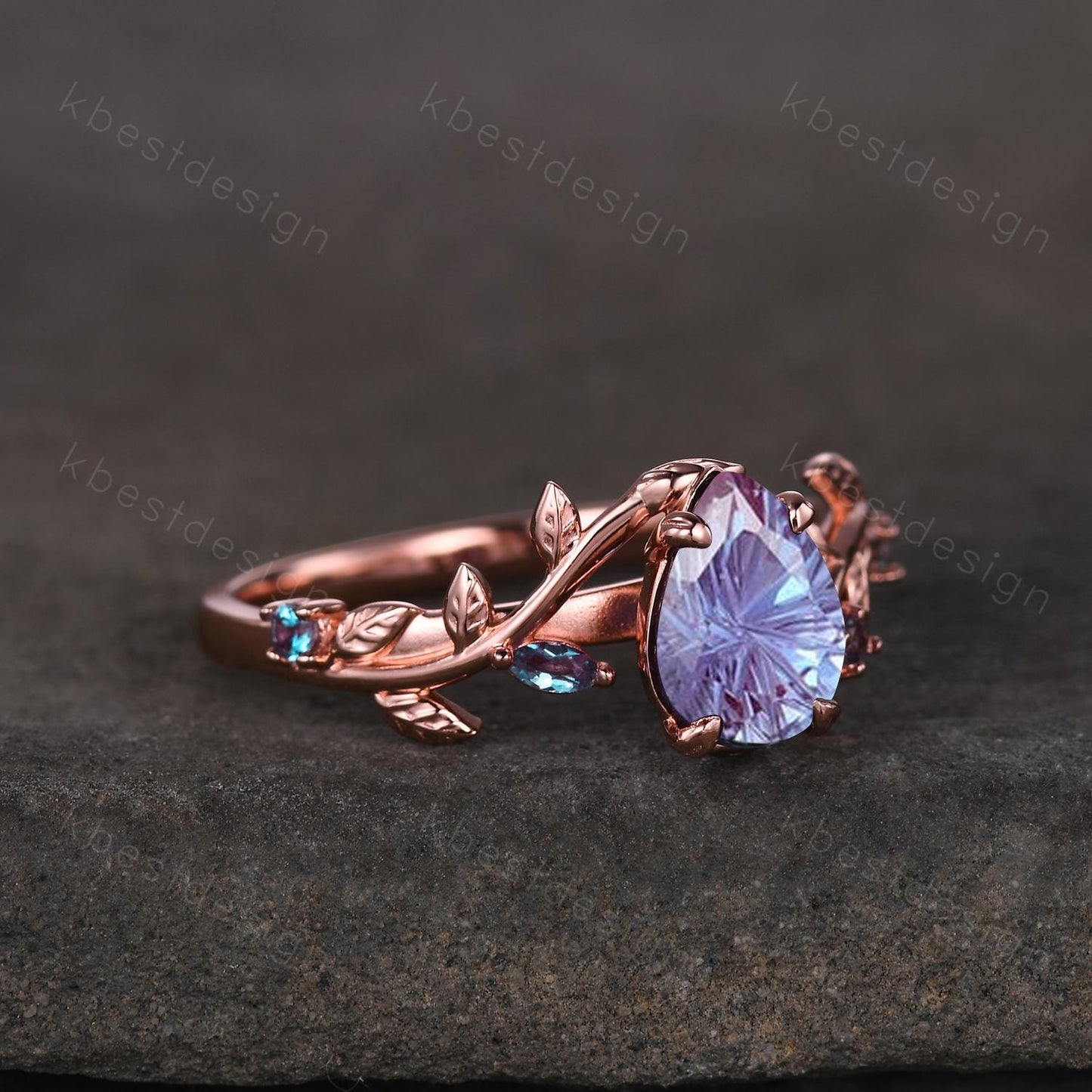 Vintage firework cut alexandrite engagement ring rose gold art deco twig leaf ring natural inspired ring unique bridal promise ring for her