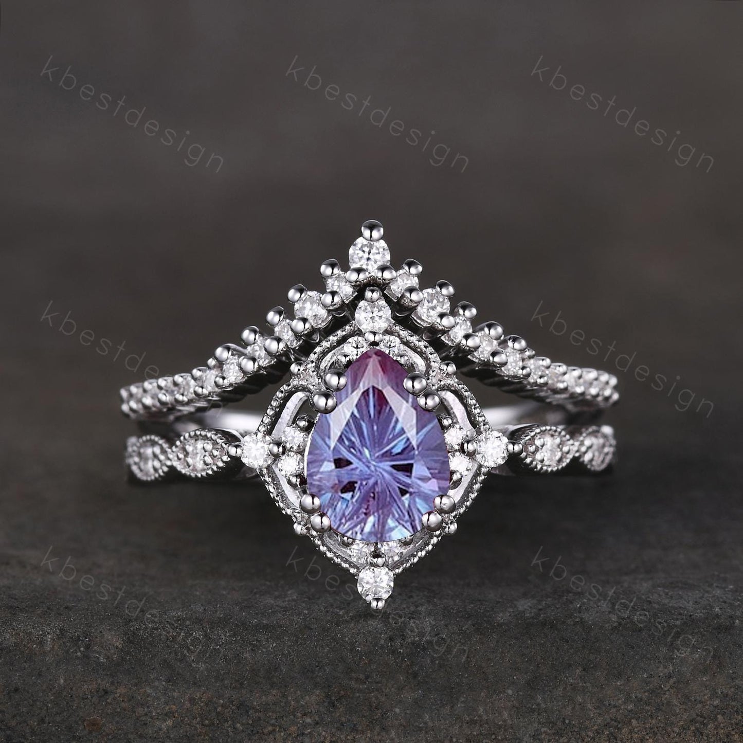 Vintage Alexandrite engagement ring set silver pear shaped firework alexandrite ring art deco moissanite stacking ring unique wedding ring