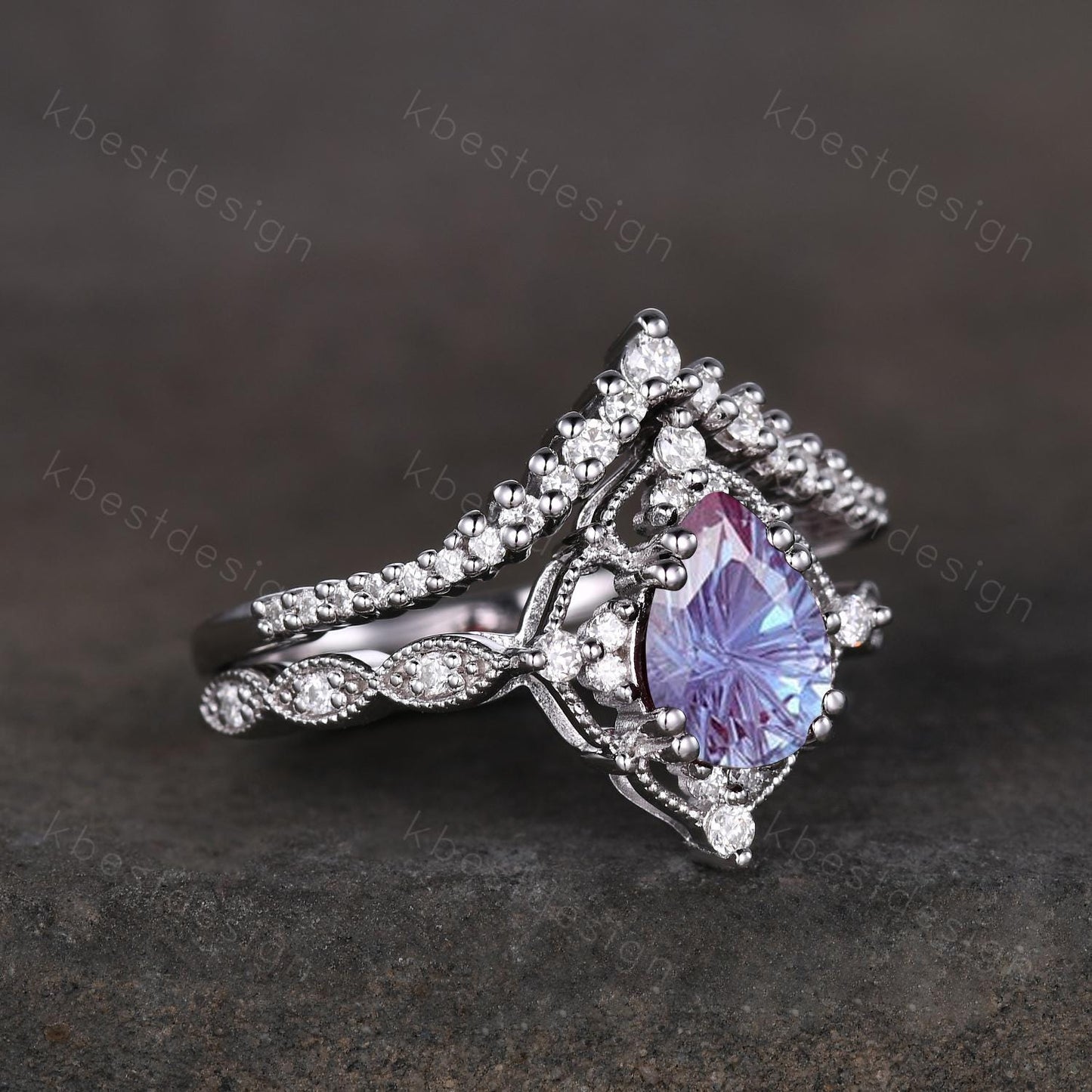 Vintage Alexandrite engagement ring set silver pear shaped firework alexandrite ring art deco moissanite stacking ring unique wedding ring