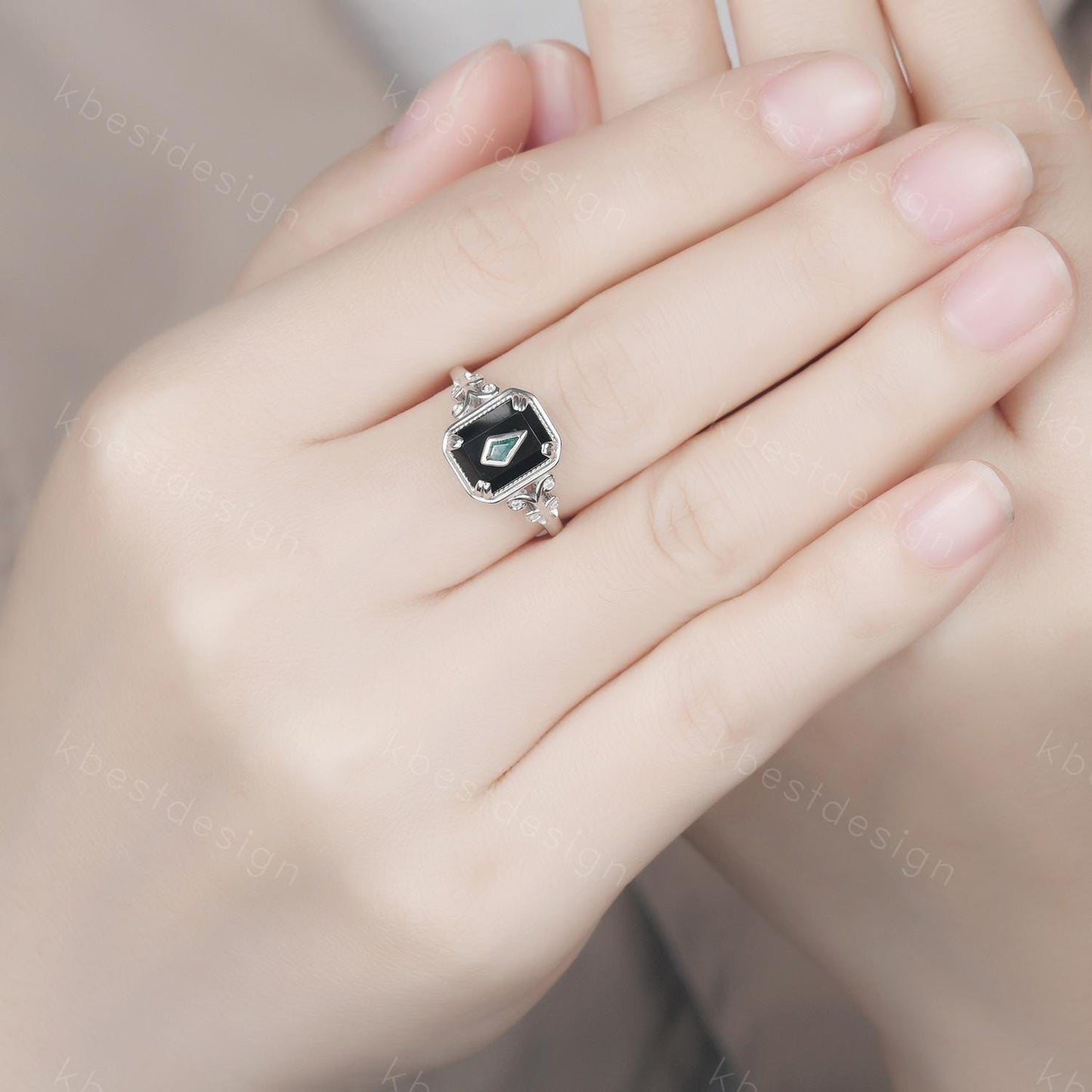 Vintage Black Onyx engagement ring antique kite cut moss agate ring Twig Emerald cut bridal promise ring Gemstone ring for women gift