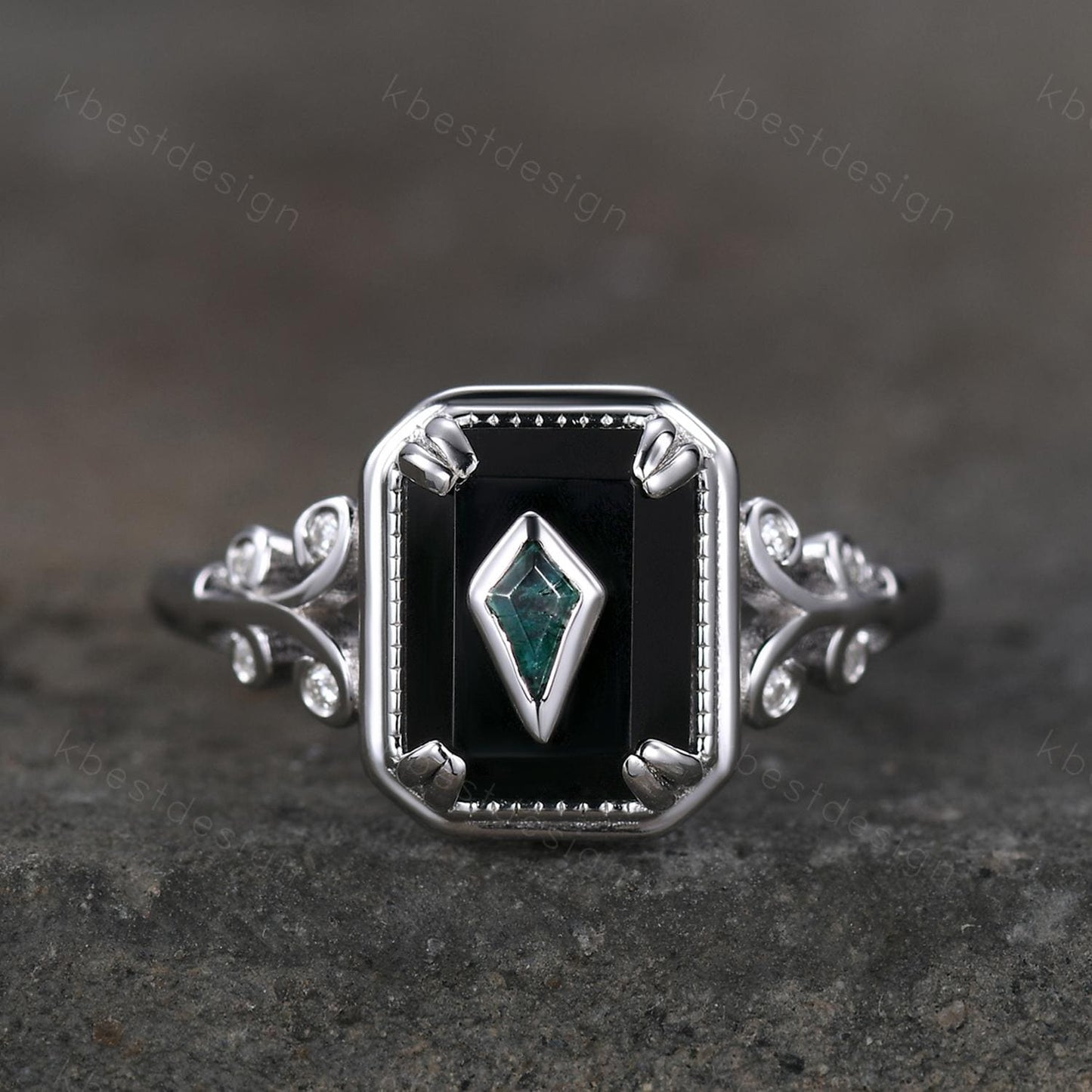 Vintage Black Onyx engagement ring antique kite cut moss agate ring Twig Emerald cut bridal promise ring Gemstone ring for women gift