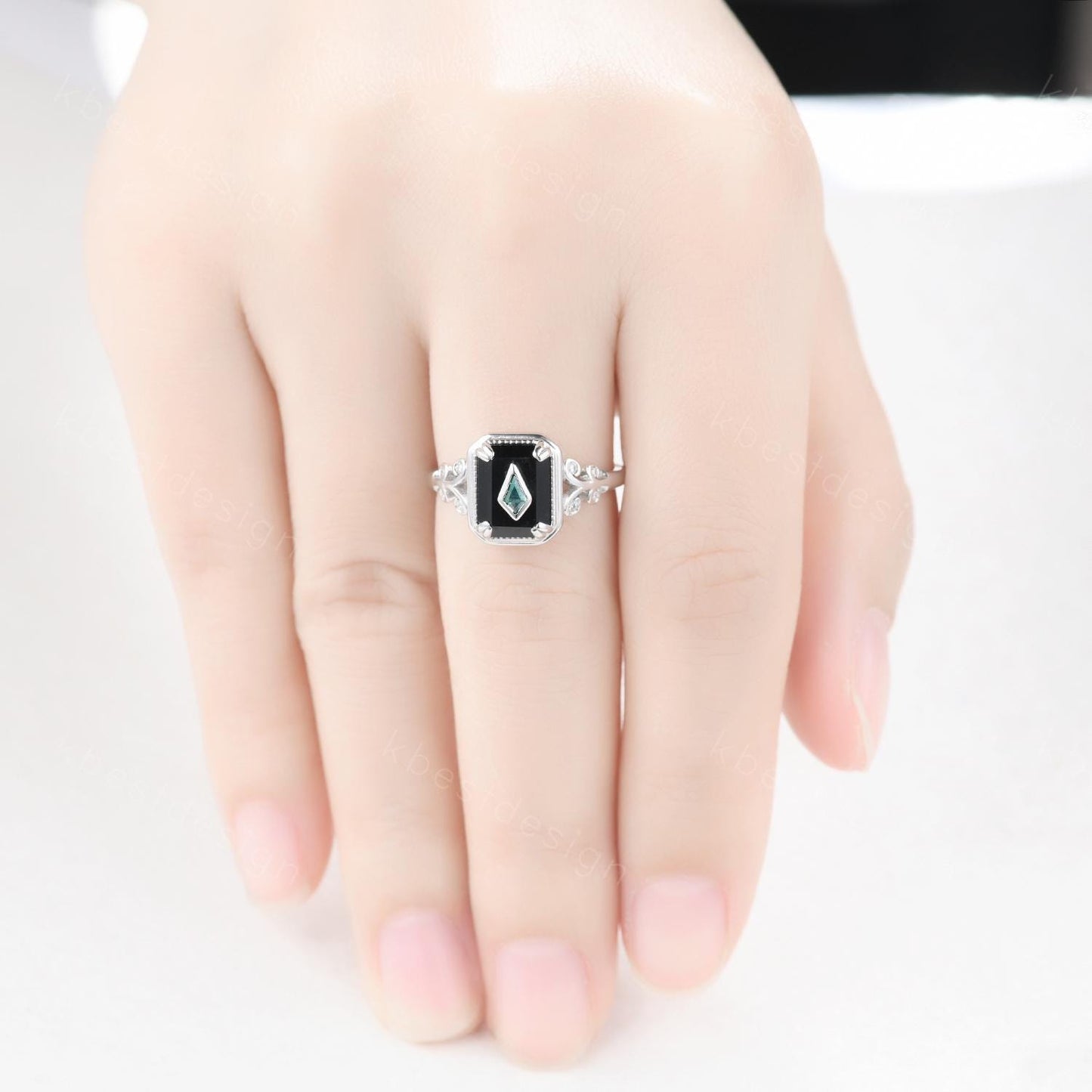 Vintage Black Onyx engagement ring antique kite cut moss agate ring Twig Emerald cut bridal promise ring Gemstone ring for women gift