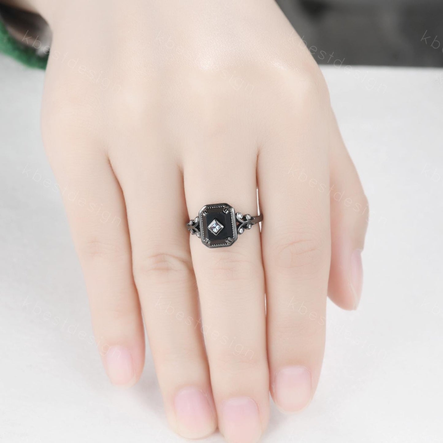 Emerald Cut Black Onyx engagement ring Antique Black Gold Ring For Women Art Deco Alexandrite Gemstone Ring Vintage Bridal Statement Ring