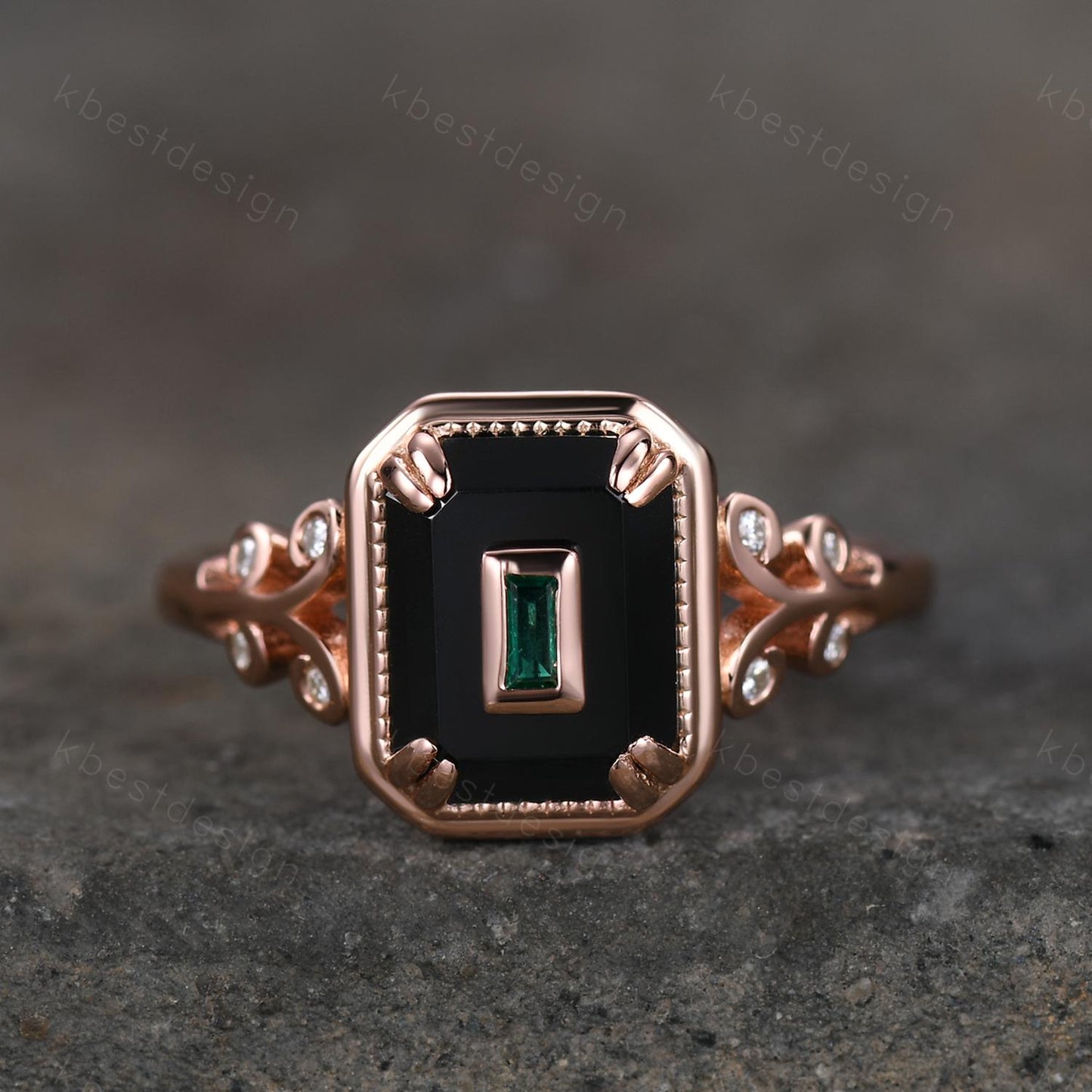 Emerald Cut Black Onyx Engagement Ring Rose Gold Baguette Emerald Ring Antique Unique Bridal Promise Ring Art Deco Ring For Women