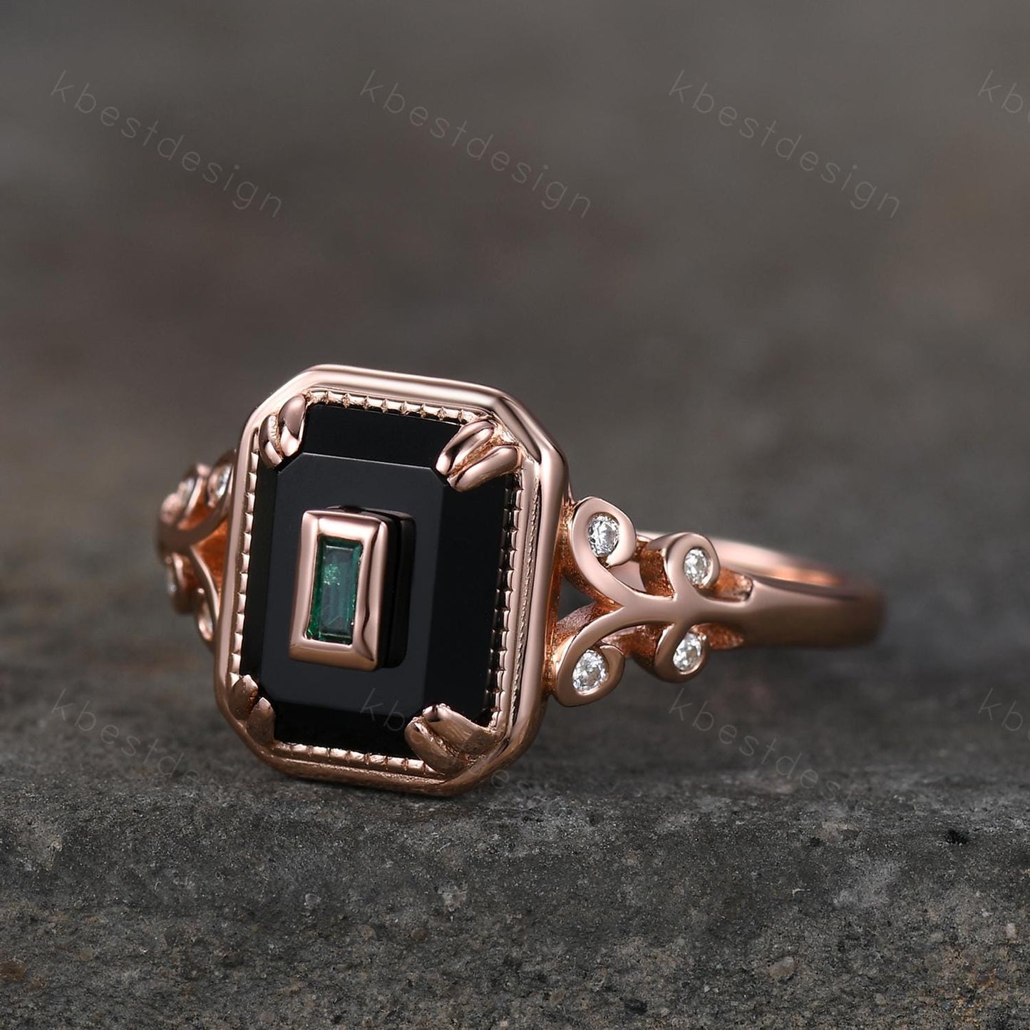 Emerald Cut Black Onyx Engagement Ring Rose Gold Baguette Emerald Ring Antique Unique Bridal Promise Ring Art Deco Ring For Women