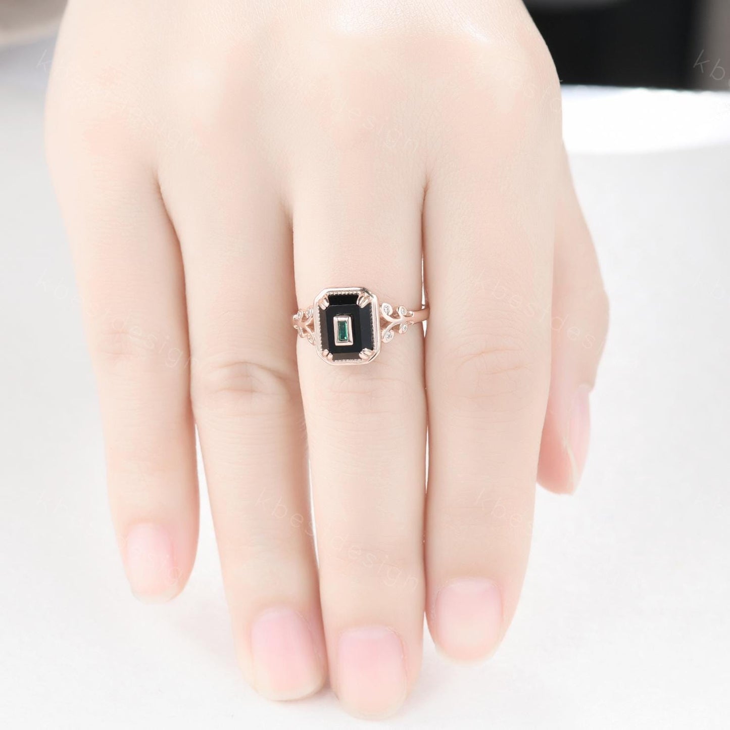 Emerald Cut Black Onyx Engagement Ring Rose Gold Baguette Emerald Ring Antique Unique Bridal Promise Ring Art Deco Ring For Women