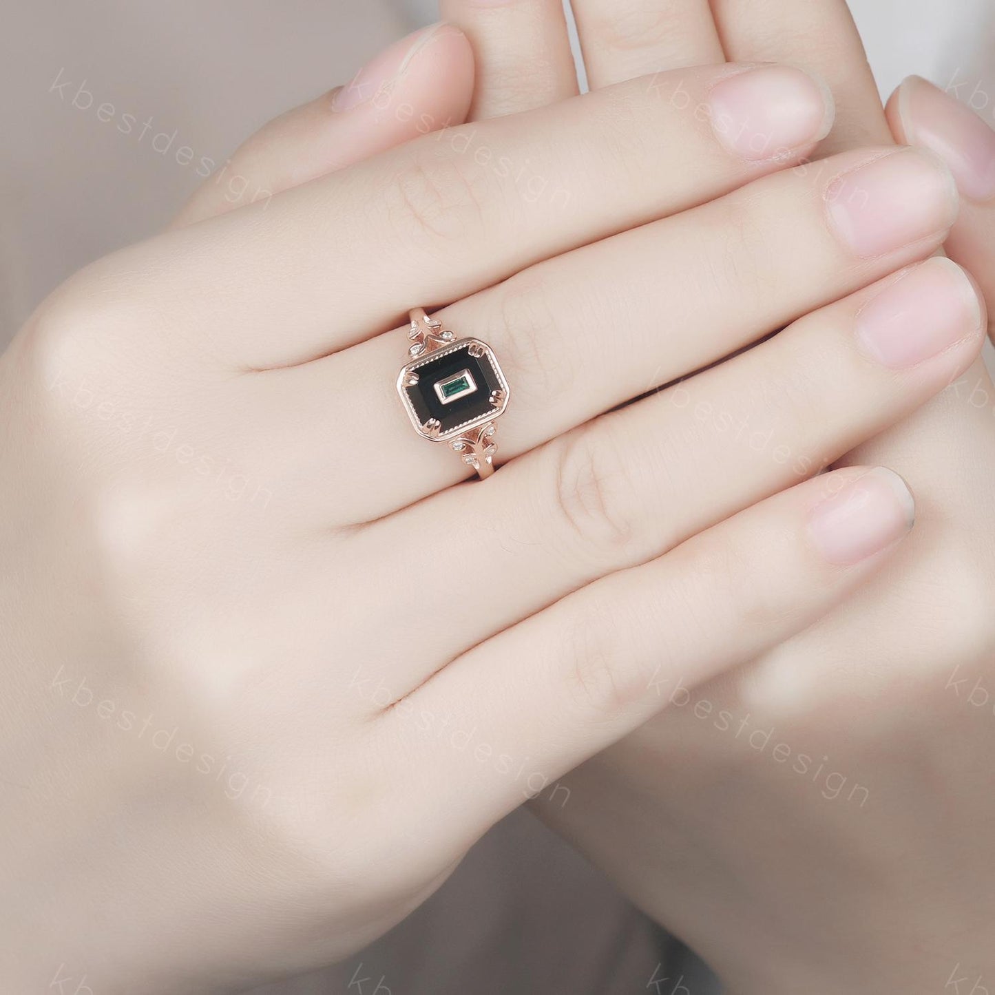 Emerald Cut Black Onyx Engagement Ring Rose Gold Baguette Emerald Ring Antique Unique Bridal Promise Ring Art Deco Ring For Women