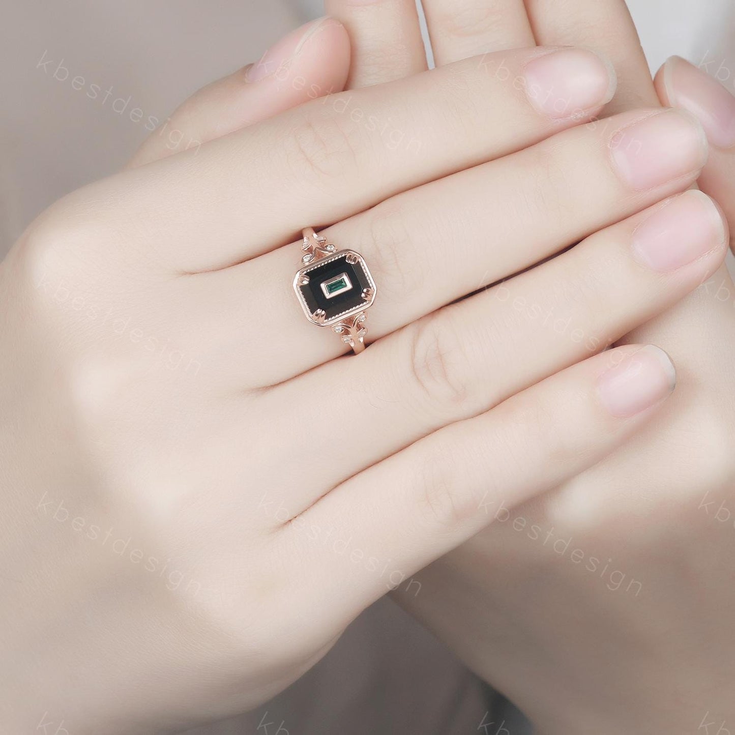 Emerald Cut Black Onyx Engagement Ring Rose Gold Baguette Emerald Ring Antique Unique Bridal Promise Ring Art Deco Ring For Women
