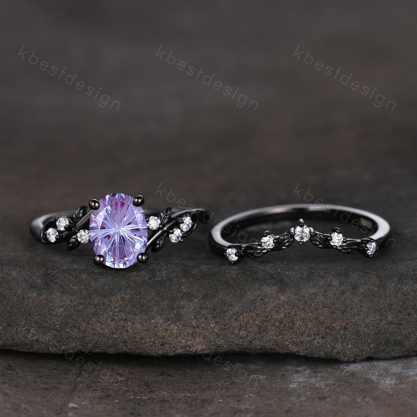Vintage firework alexandrite engagement ring black gold twig leaf moissanite ring nature branch ring unique art deco bridal wedding ring set