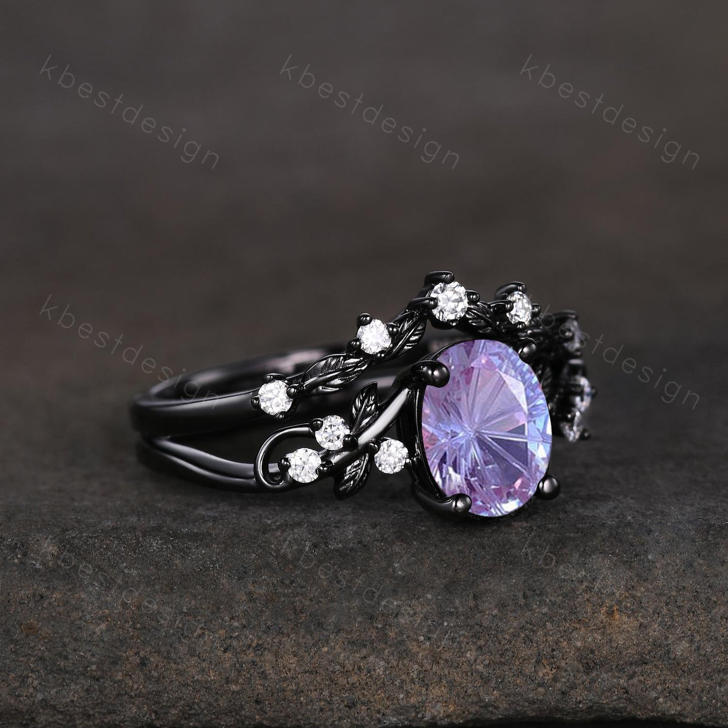 Vintage firework alexandrite engagement ring black gold twig leaf moissanite ring nature branch ring unique art deco bridal wedding ring set