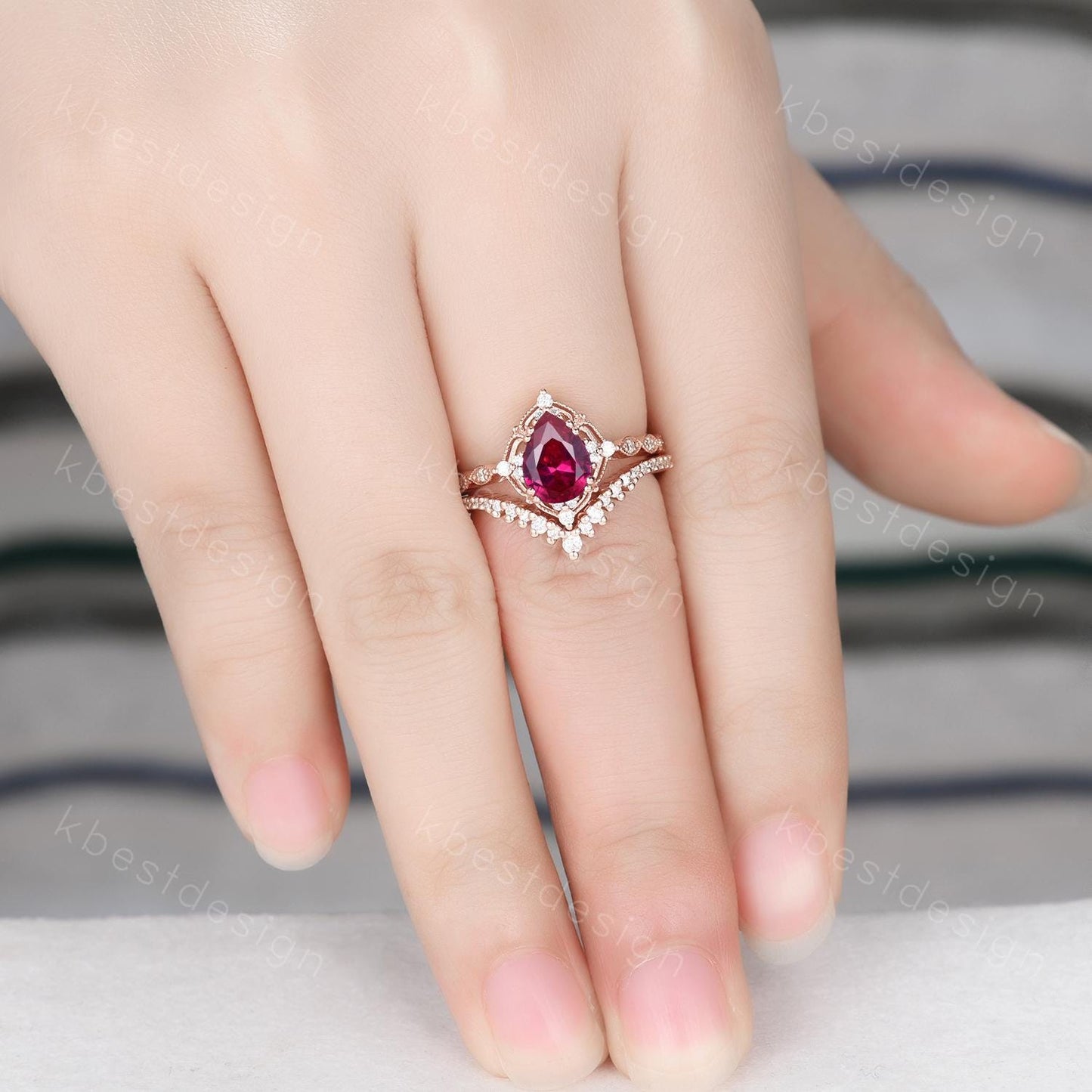 Vintage Ruby engagement ring rose gold ring art deco curved stacking band pear shaped bridal set unique moissanite wedding set