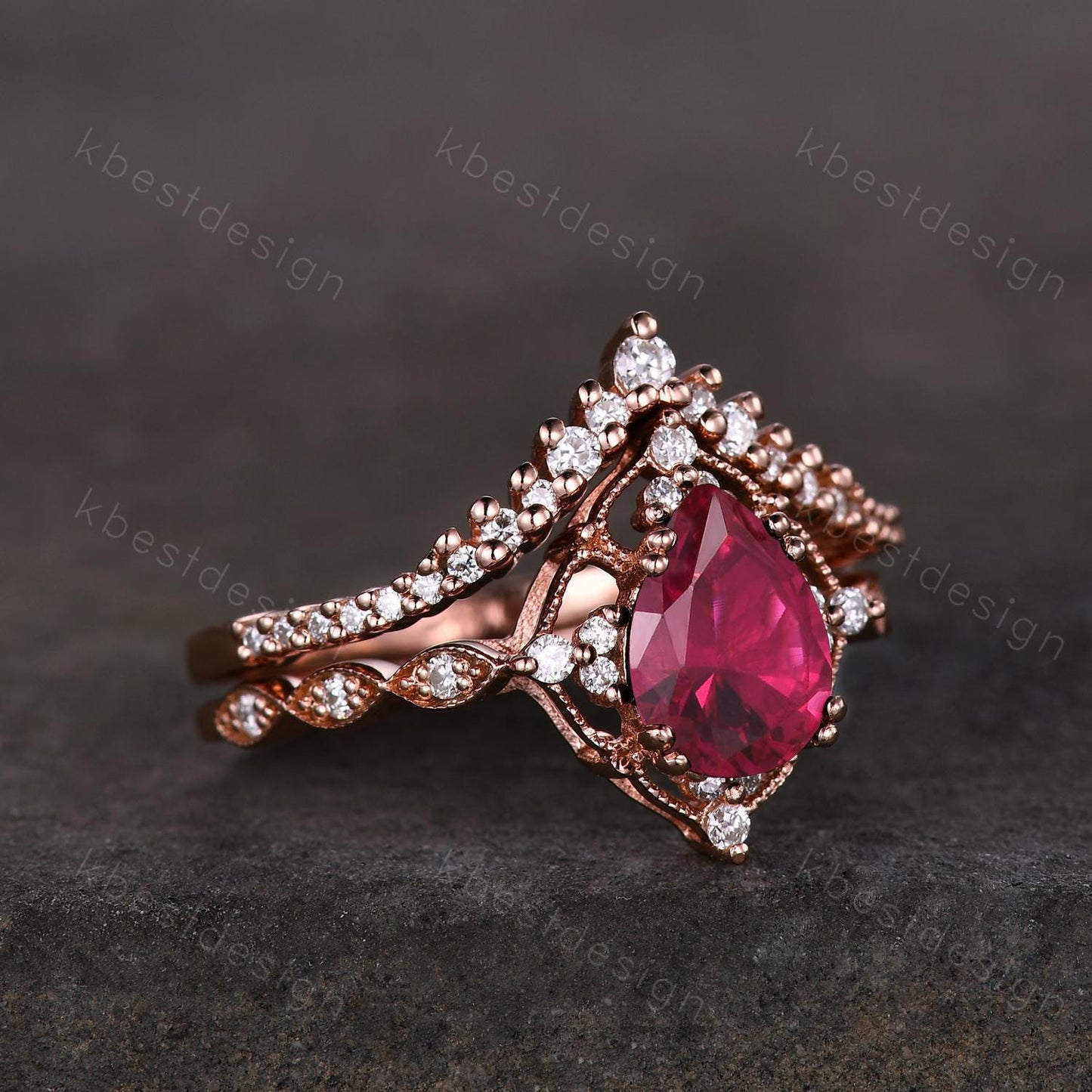 Vintage Ruby engagement ring rose gold ring art deco curved stacking band pear shaped bridal set unique moissanite wedding set