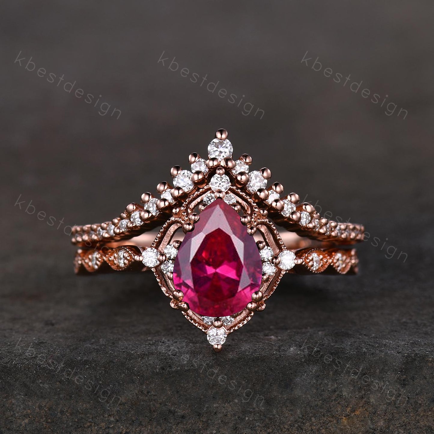 Vintage Ruby engagement ring rose gold ring art deco curved stacking band pear shaped bridal set unique moissanite wedding set