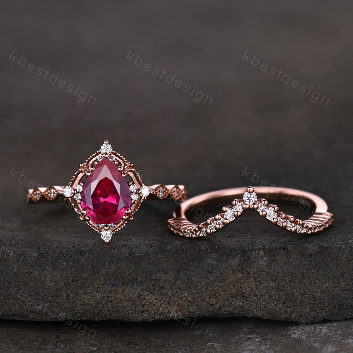 Vintage Ruby engagement ring rose gold ring art deco curved stacking band pear shaped bridal set unique moissanite wedding set