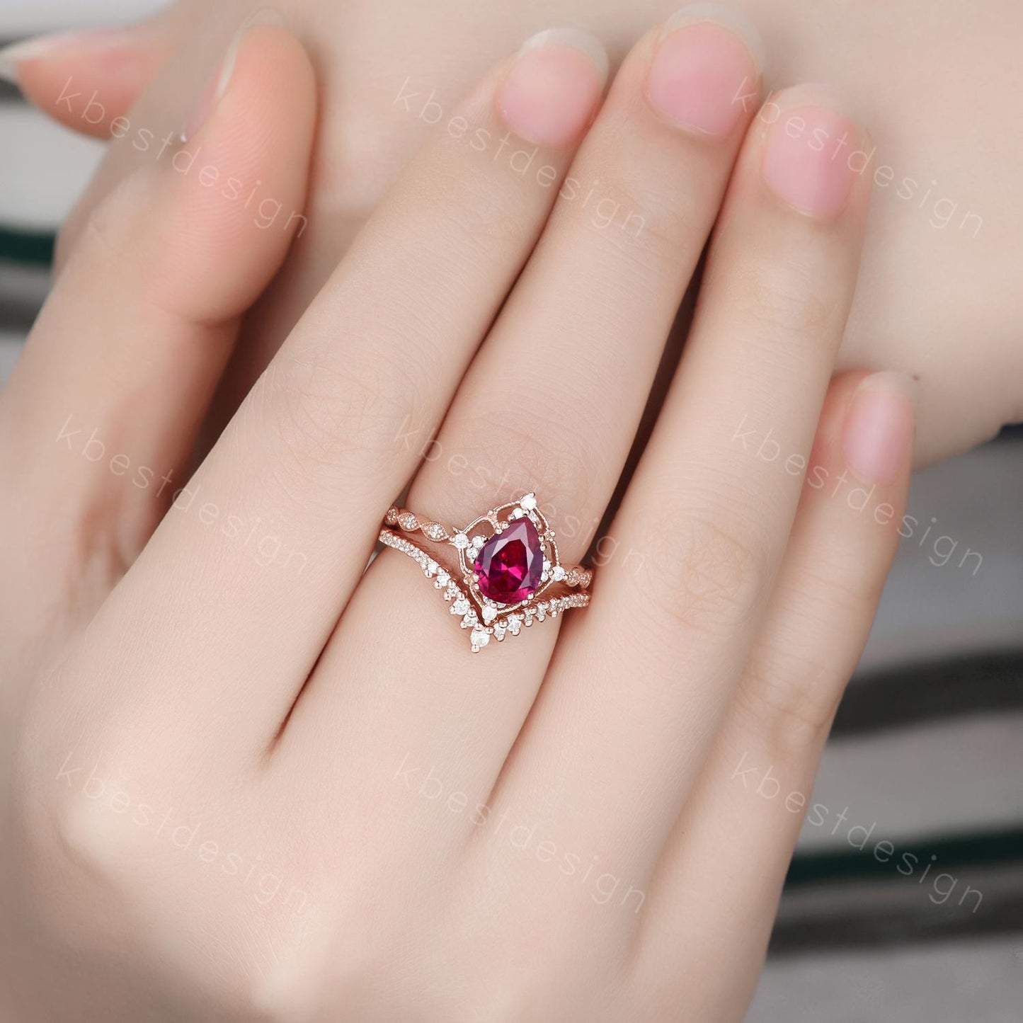 Vintage Ruby engagement ring rose gold ring art deco curved stacking band pear shaped bridal set unique moissanite wedding set