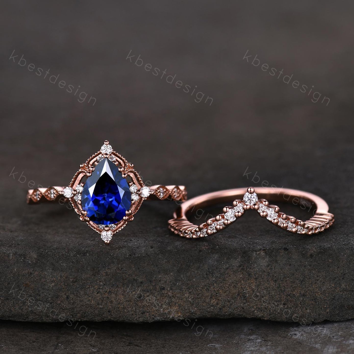 Vintage blue sapphire engagement ring rose gold ring art deco curved stacking band pear shaped bridal set unique moissanite wedding set