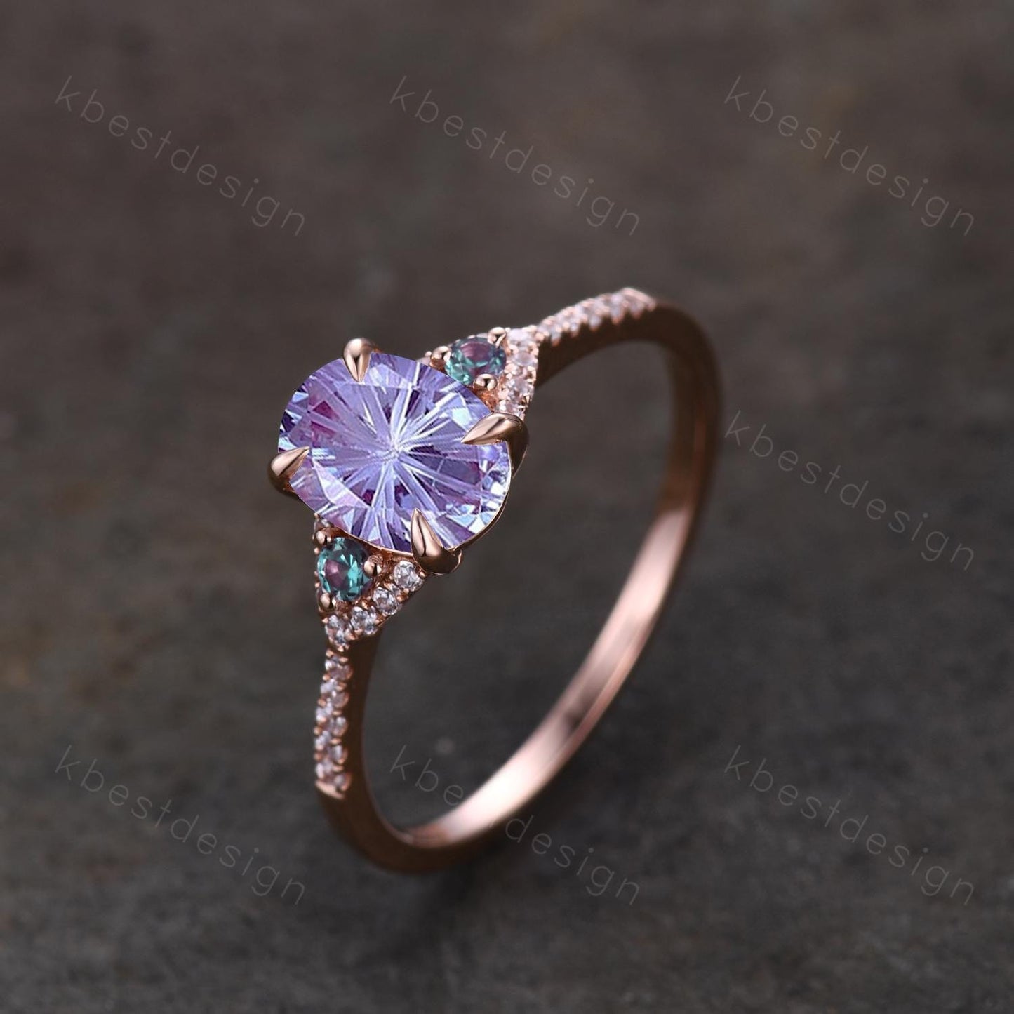Firework cut alexandrite engagement ring rose gold art deco three stone ring oval cut bridal ring unique alexandrite promise ring for her