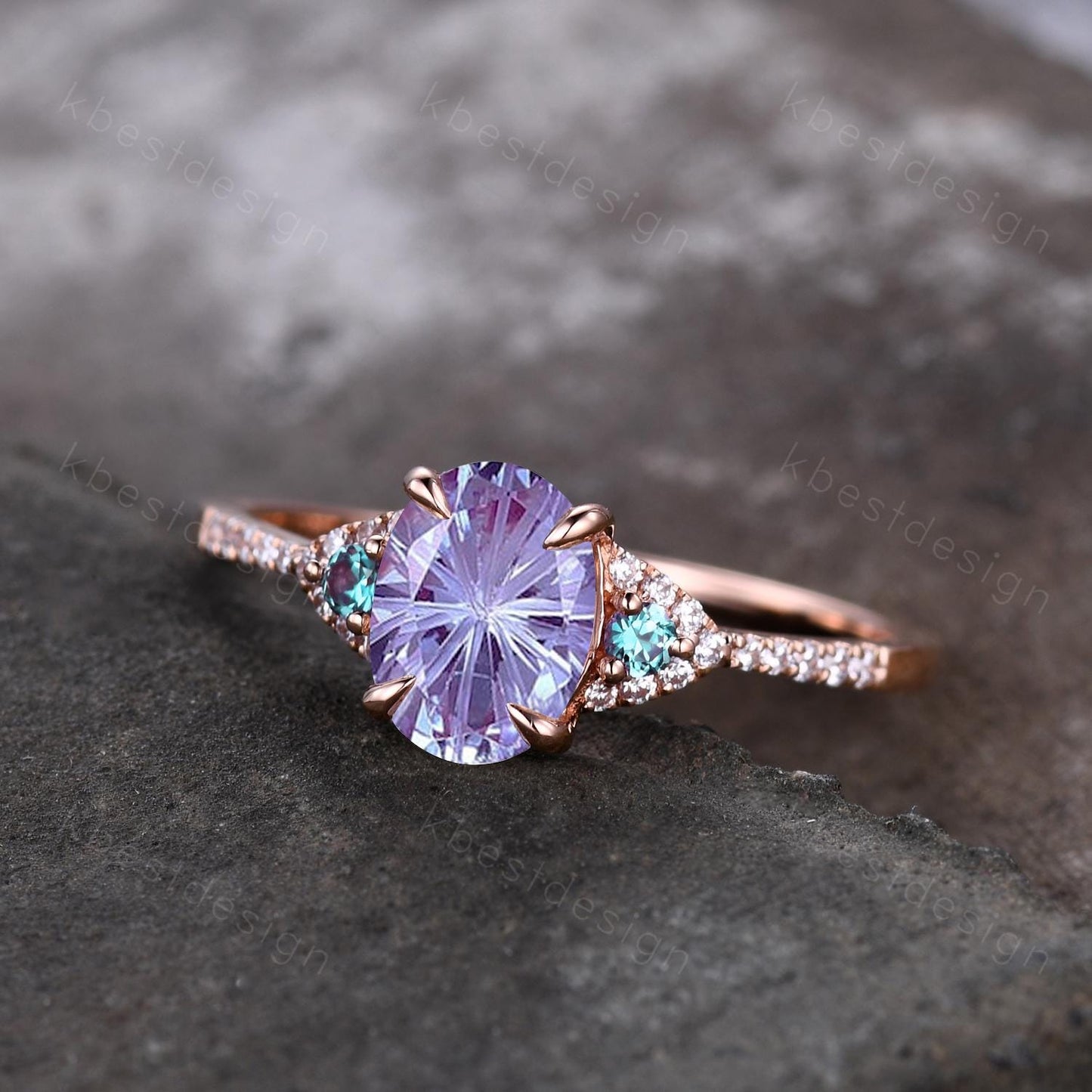 Firework cut alexandrite engagement ring rose gold art deco three stone ring oval cut bridal ring unique alexandrite promise ring for her