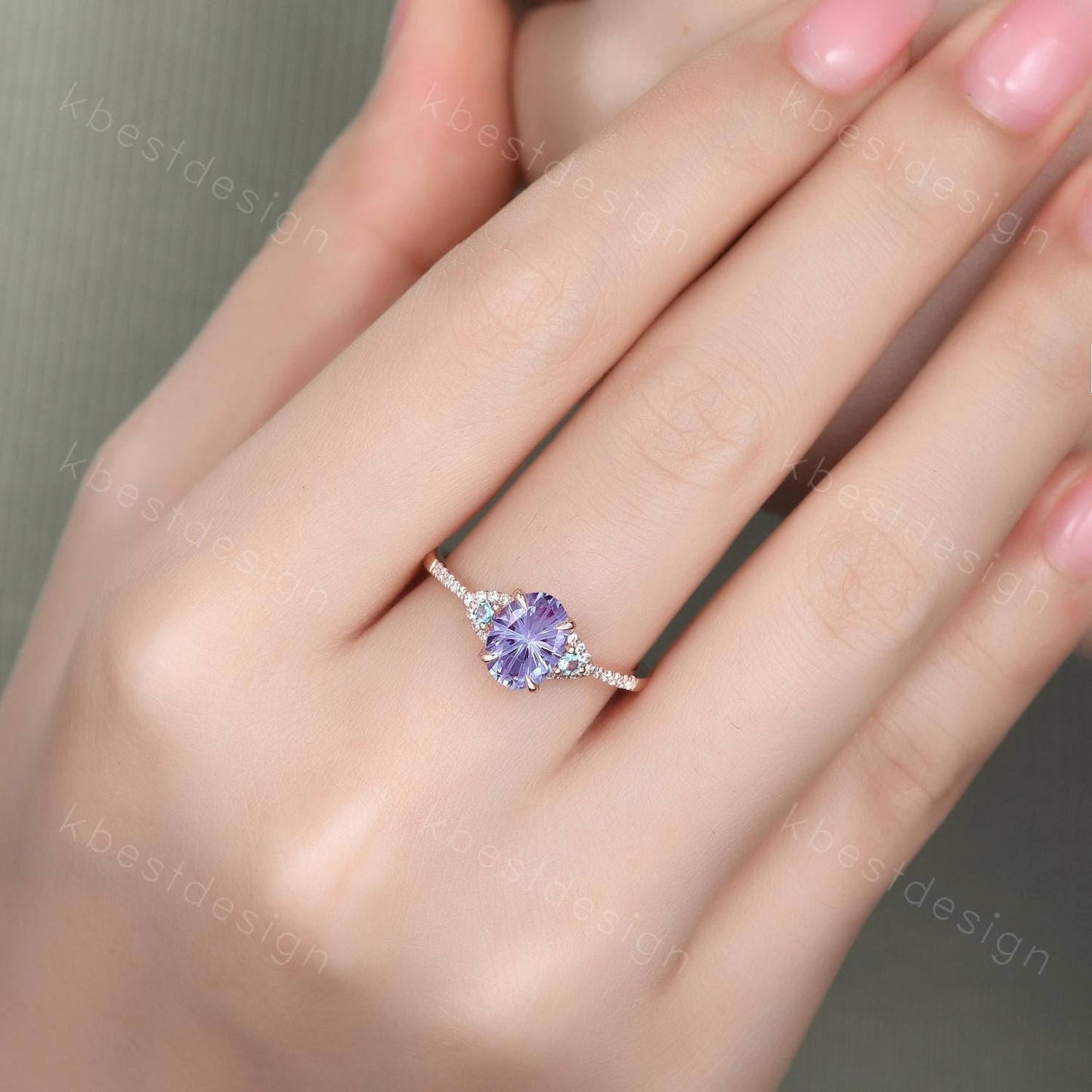 Firework cut alexandrite engagement ring rose gold art deco three stone ring oval cut bridal ring unique alexandrite promise ring for her