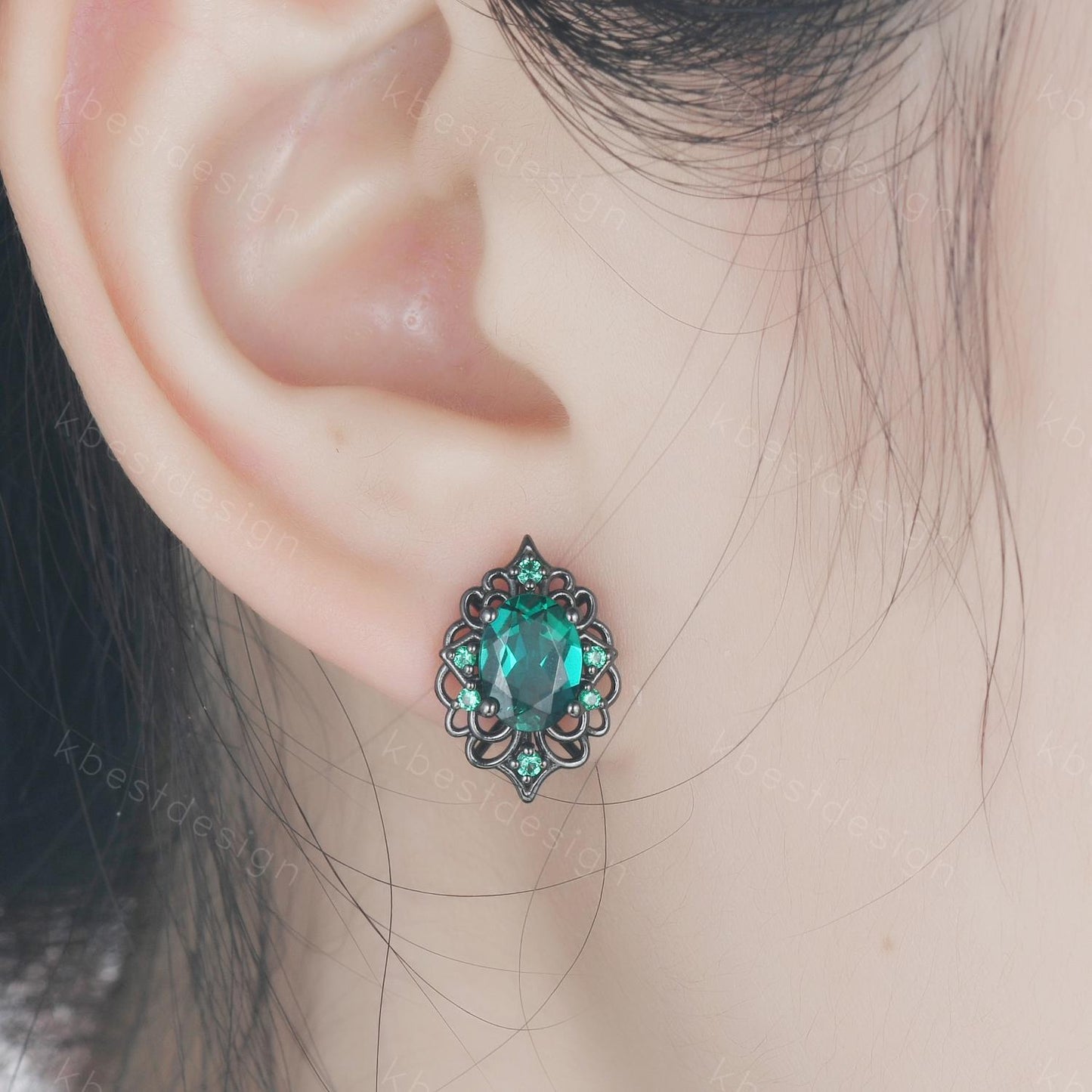 Antique emerald earrings women black gold earring studs oval cut emerald earrings art deco May birthstone studs anniversary gift for her