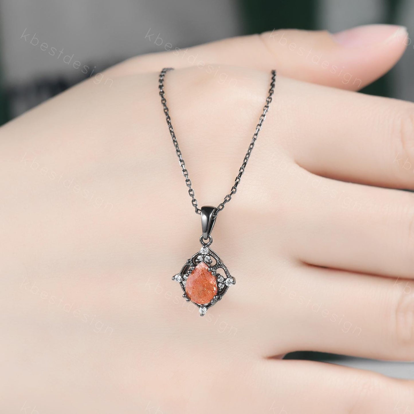 Pear cut Sunstone Necklace Antique Art Deco Moissanite Pendant Necklace Gothic Black Gold Necklace for Women Birthday/Promise Gift for Her