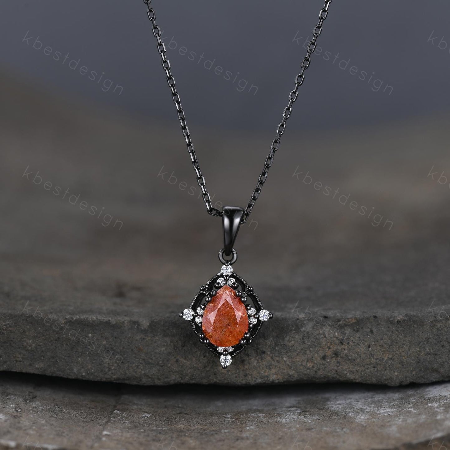 Pear cut Sunstone Necklace Antique Art Deco Moissanite Pendant Necklace Gothic Black Gold Necklace for Women Birthday/Promise Gift for Her