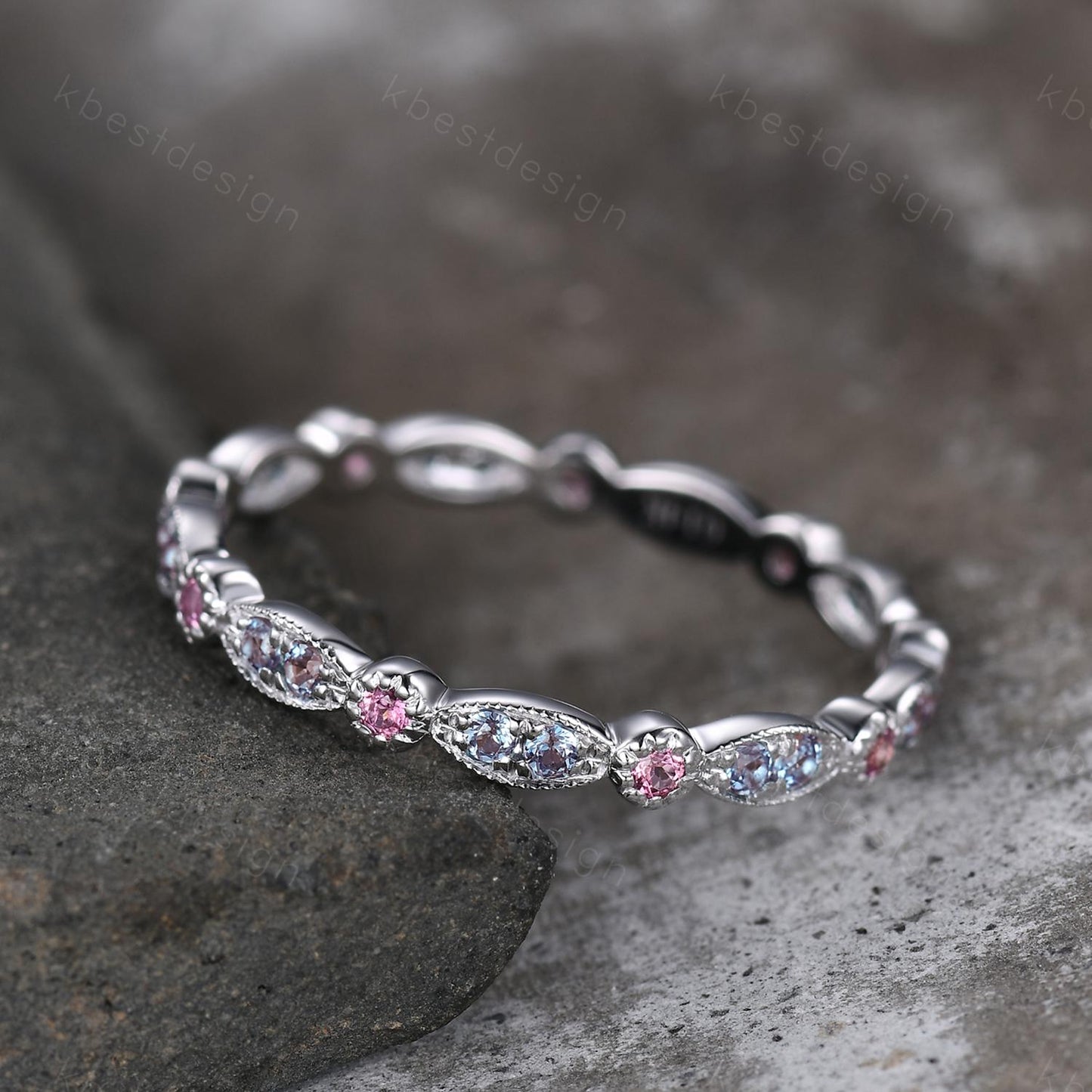Alexandrite Tourmaline Wedding Band Art Deco Eternity Stacking Band Gemstone Band Ring Women Matching Band Promise Anniversary Ring Gift