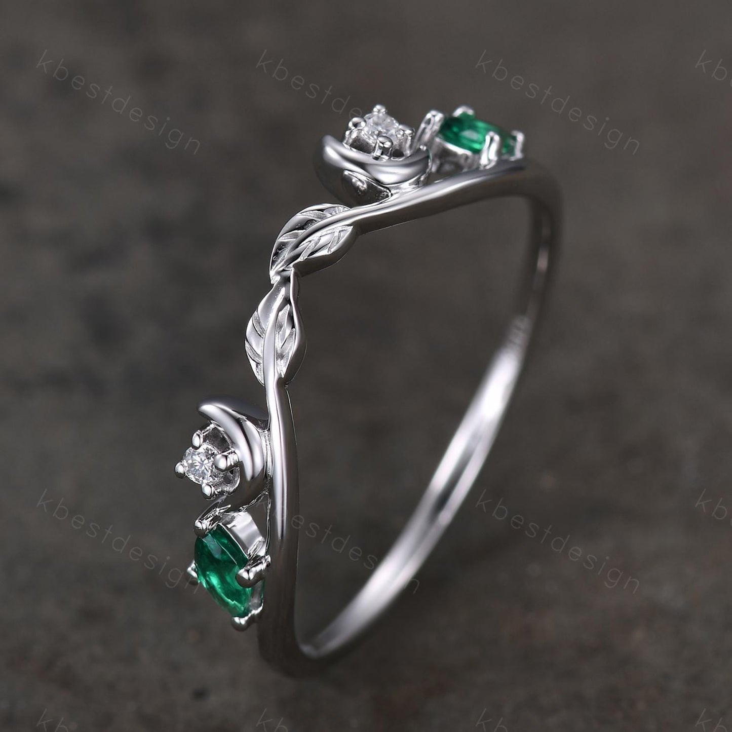 Unique Curved Moissanite Emerald Wedding Band Women Sterling Silver Ring Moon Leaf Style Stacking Matching Band Bridal Anniversary Ring