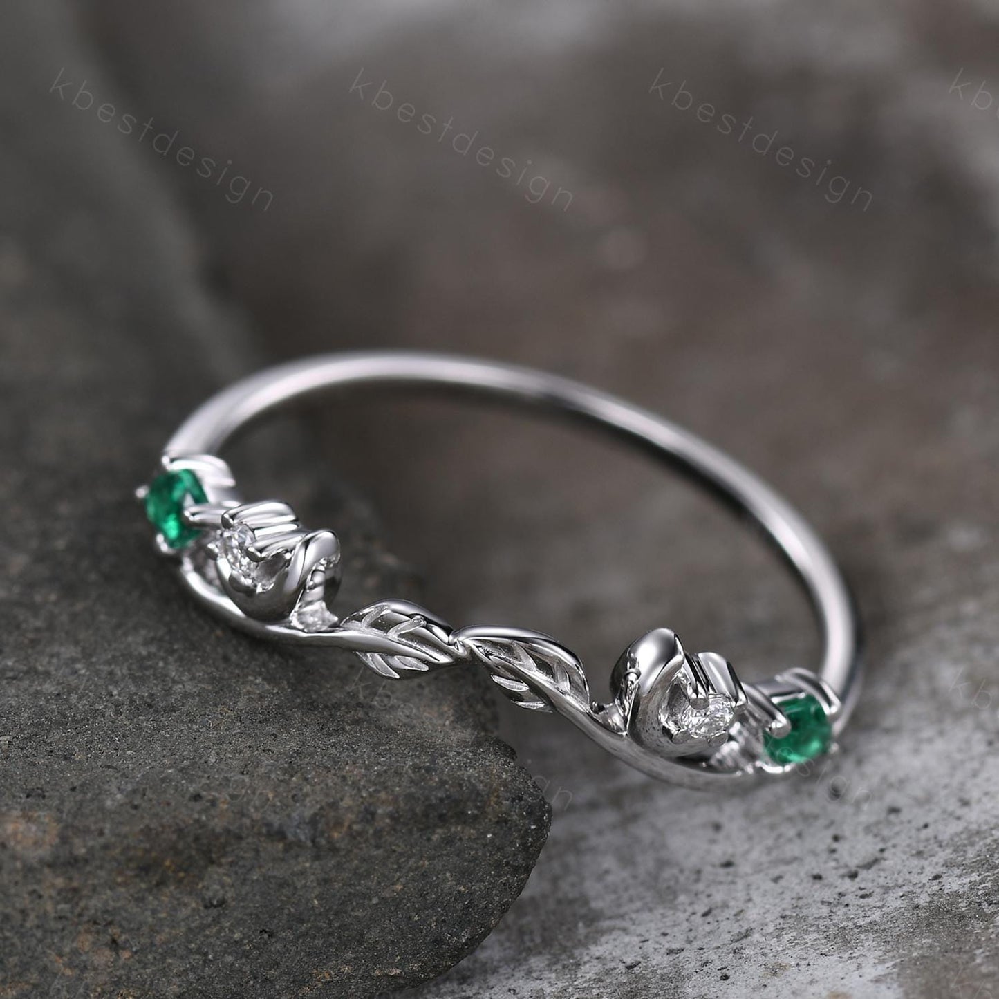 Unique Curved Moissanite Emerald Wedding Band Women Sterling Silver Ring Moon Leaf Style Stacking Matching Band Bridal Anniversary Ring