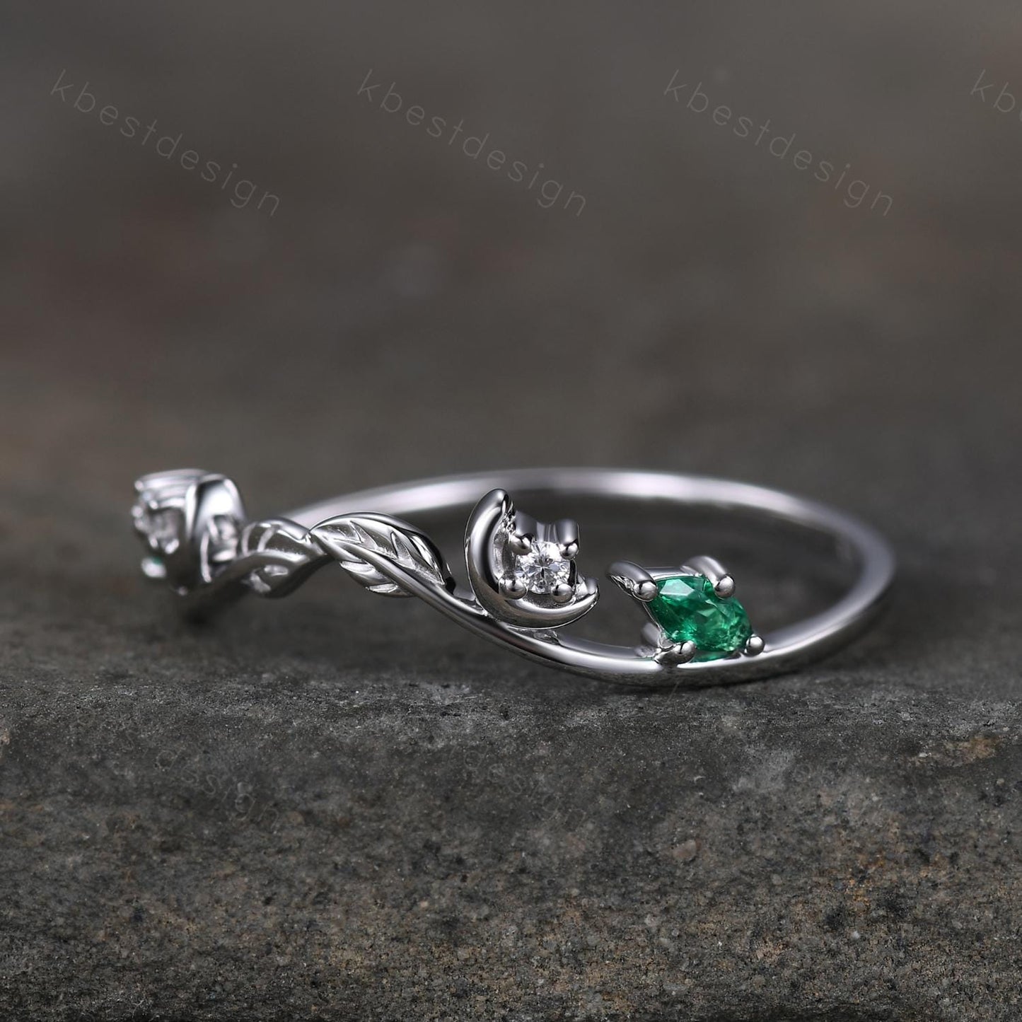 Unique Curved Moissanite Emerald Wedding Band Women Sterling Silver Ring Moon Leaf Style Stacking Matching Band Bridal Anniversary Ring