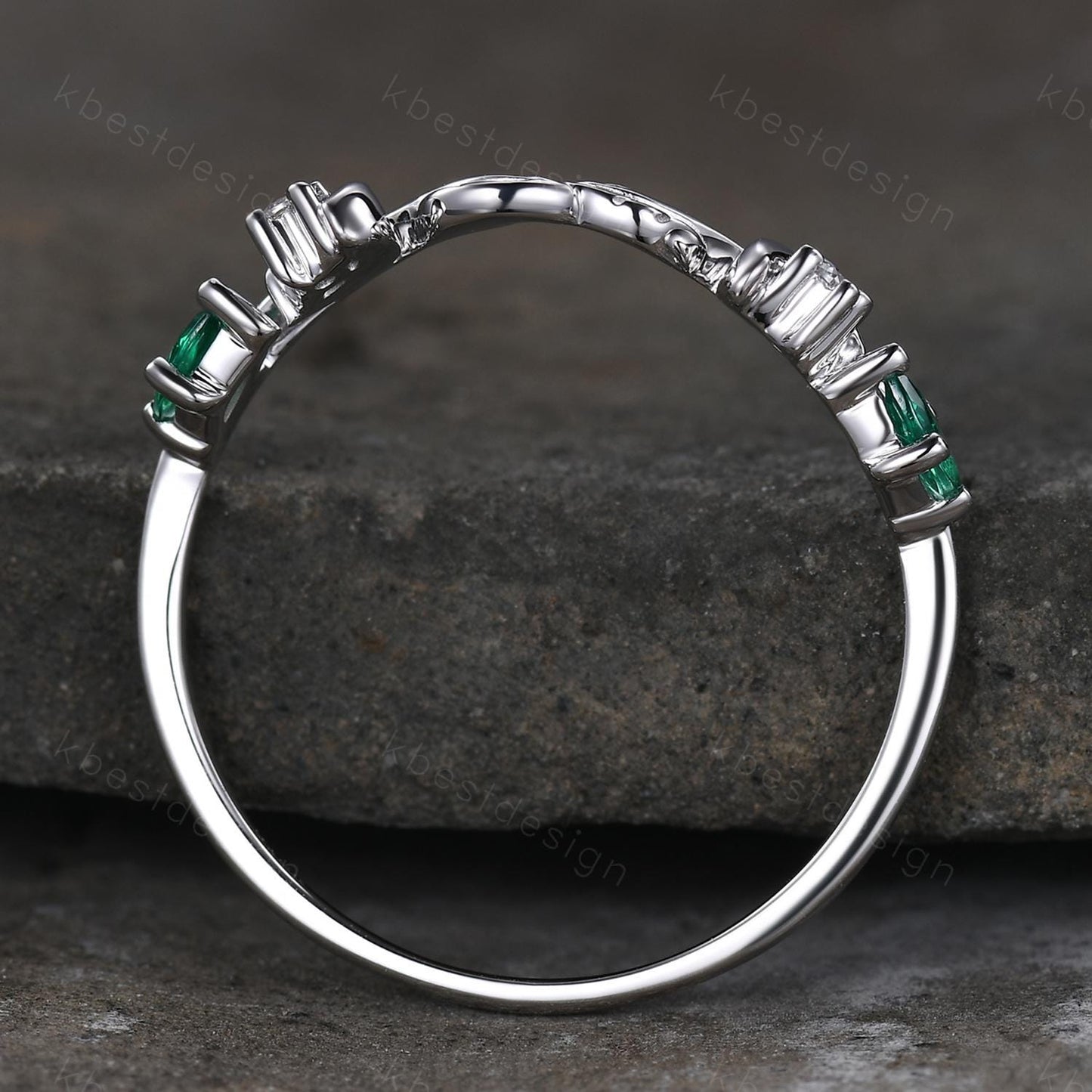Unique Curved Moissanite Emerald Wedding Band Women Sterling Silver Ring Moon Leaf Style Stacking Matching Band Bridal Anniversary Ring