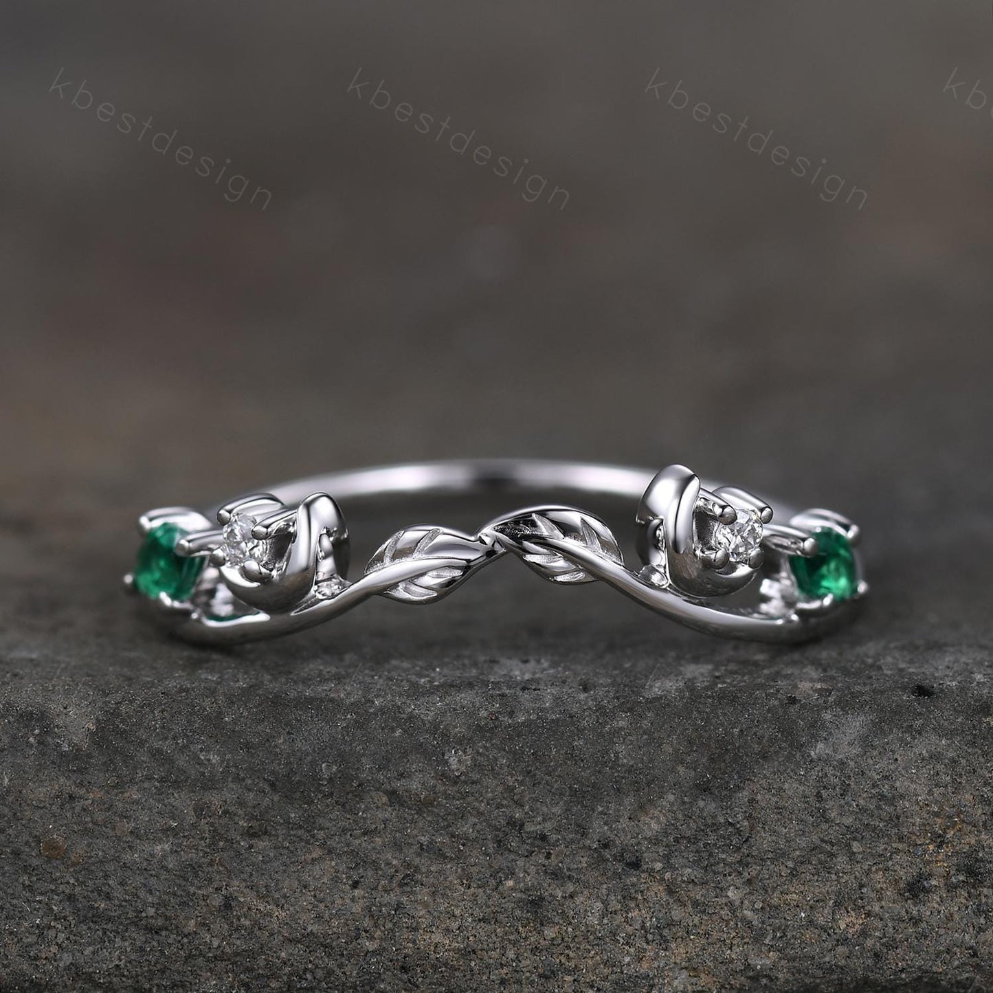 Unique Curved Moissanite Emerald Wedding Band Women Sterling Silver Ring Moon Leaf Style Stacking Matching Band Bridal Anniversary Ring