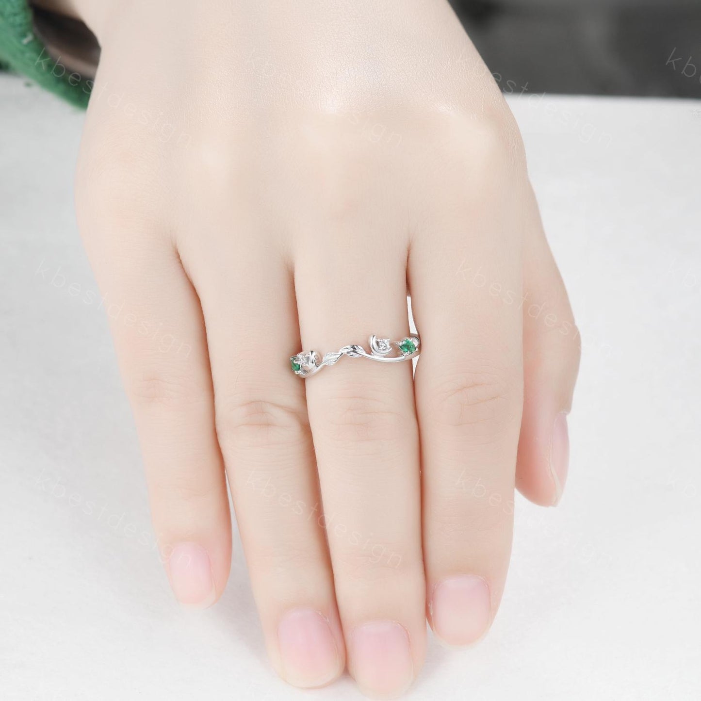 Unique Curved Moissanite Emerald Wedding Band Women Sterling Silver Ring Moon Leaf Style Stacking Matching Band Bridal Anniversary Ring