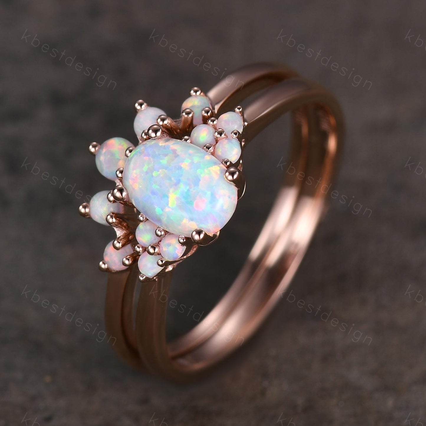 Oval shaped Opal engagement ring set rose gold opal ring vintage curved wedding ring October birthstone ring unique bridal wedding set