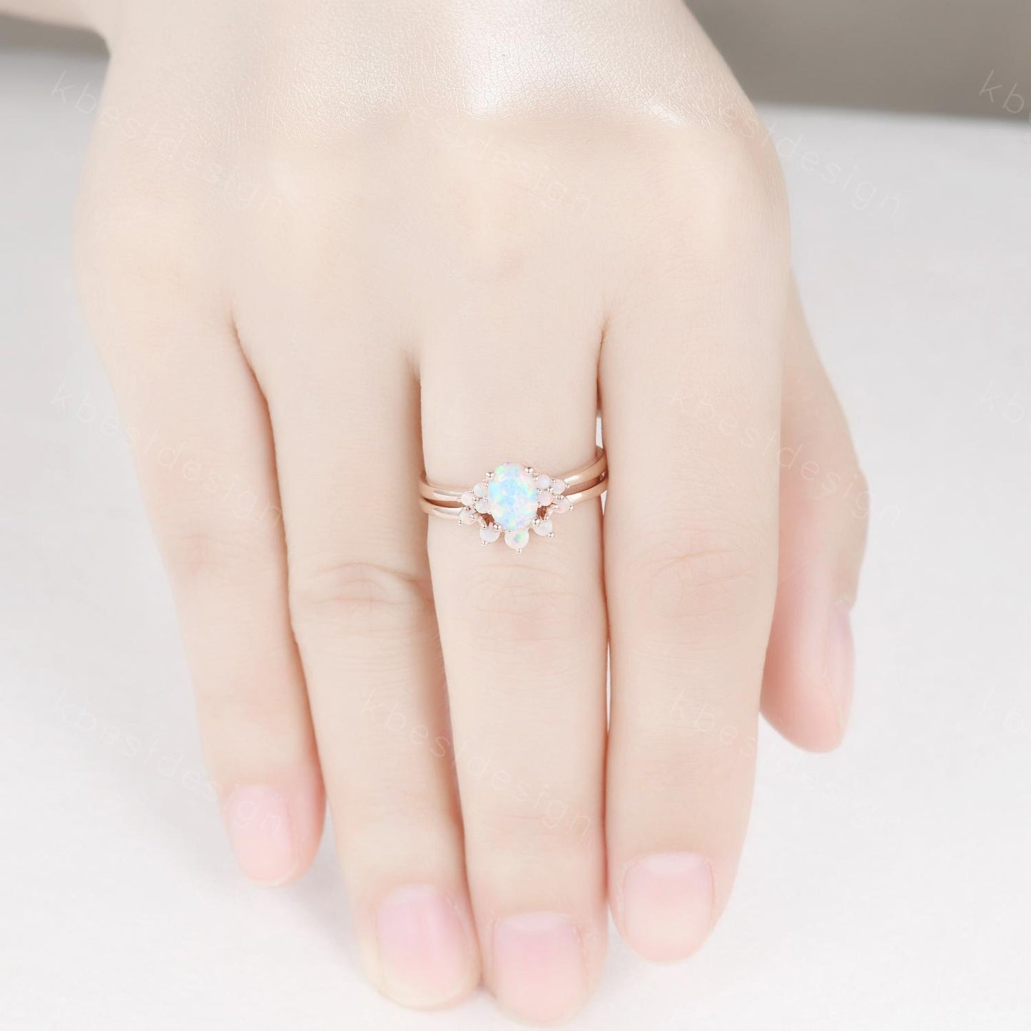 Oval shaped Opal engagement ring set rose gold opal ring vintage curved wedding ring October birthstone ring unique bridal wedding set