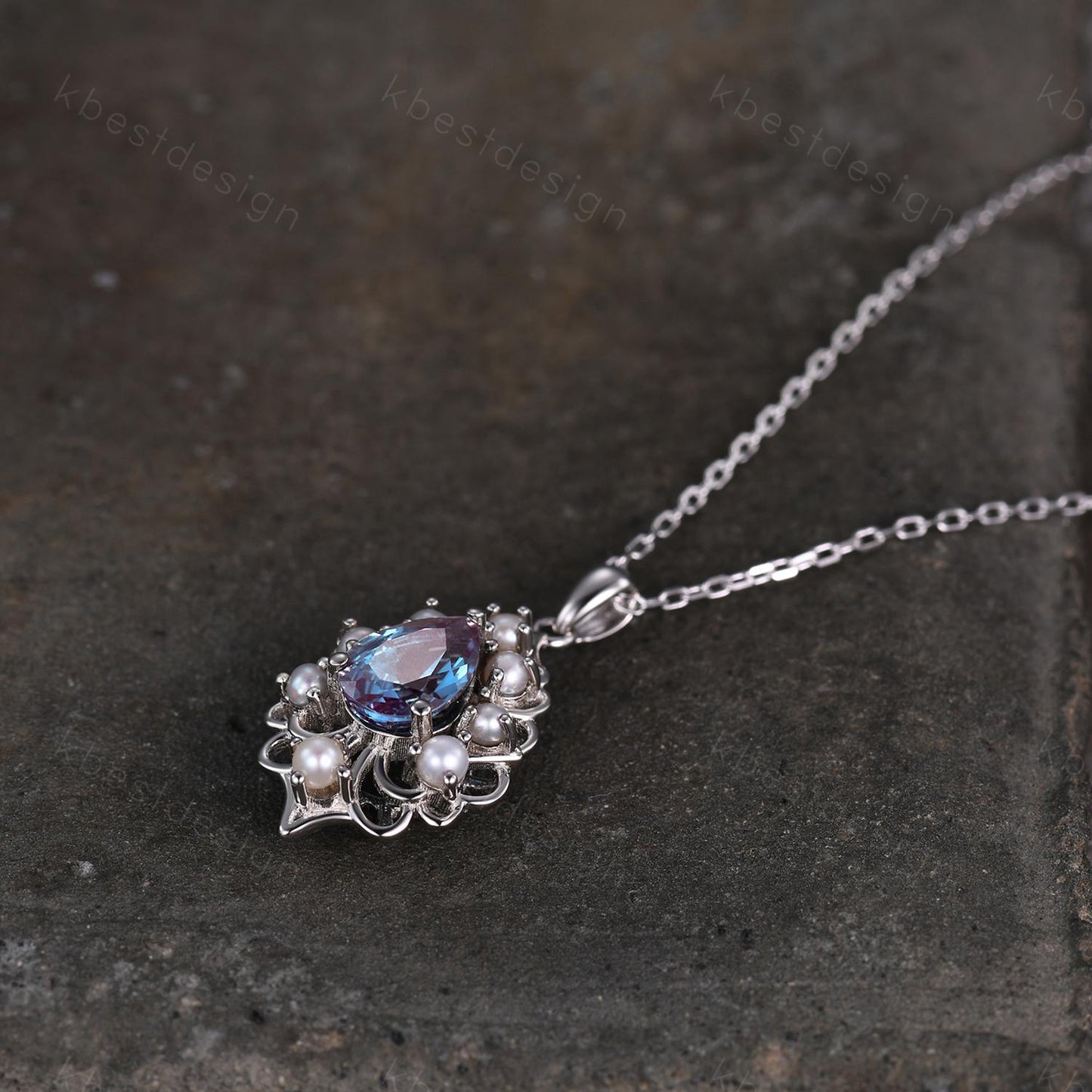 Vintage 1.5CT Alexandrite Necklace Sterling Silver Pearl Halo Pendant June Birthstone Jewelry Unique Art Deco Bridal Promise Necklace Gift