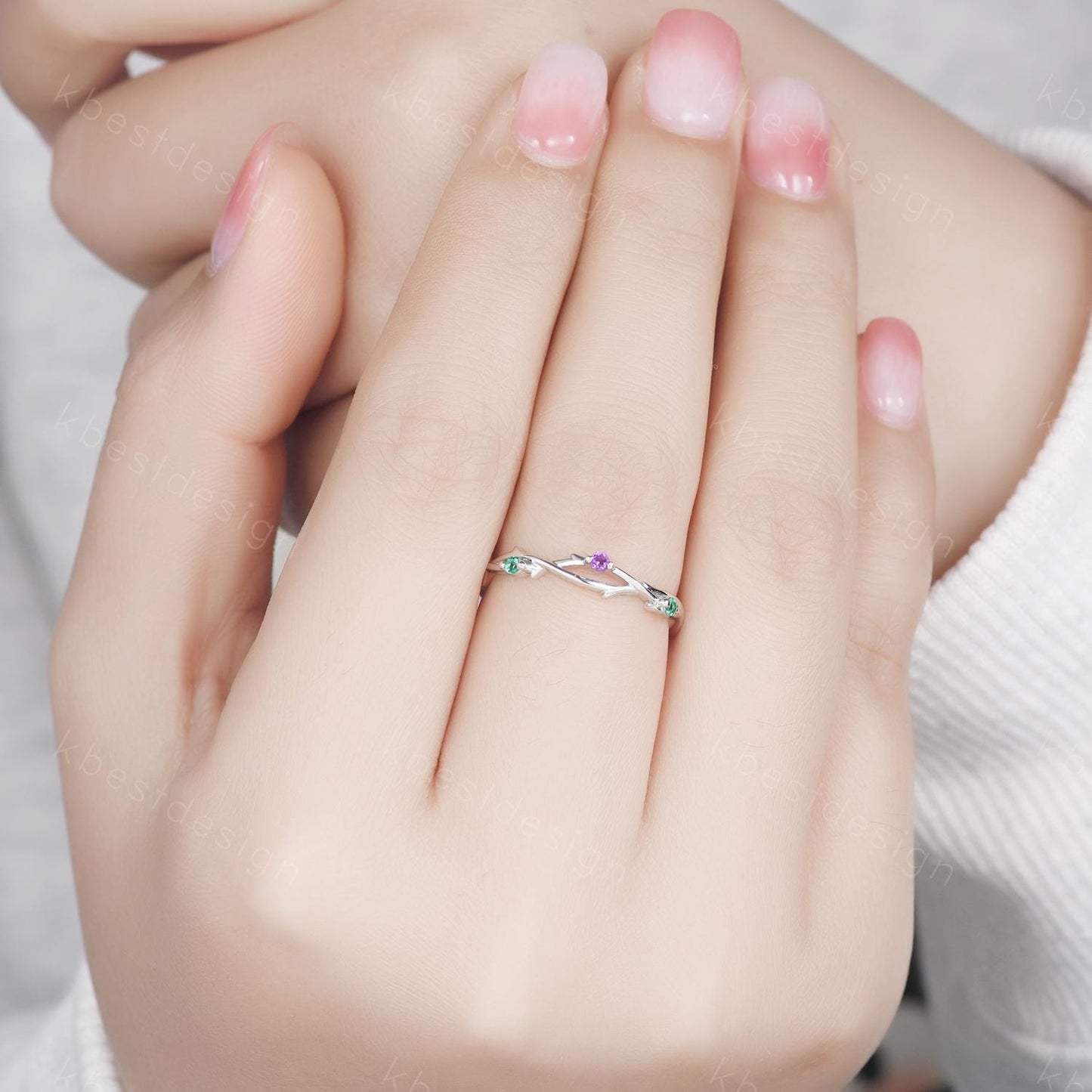 Twig emerald amethyst wedding band silver art deco wedding ring for women three stone stacking band unique branch ring anniversary gift