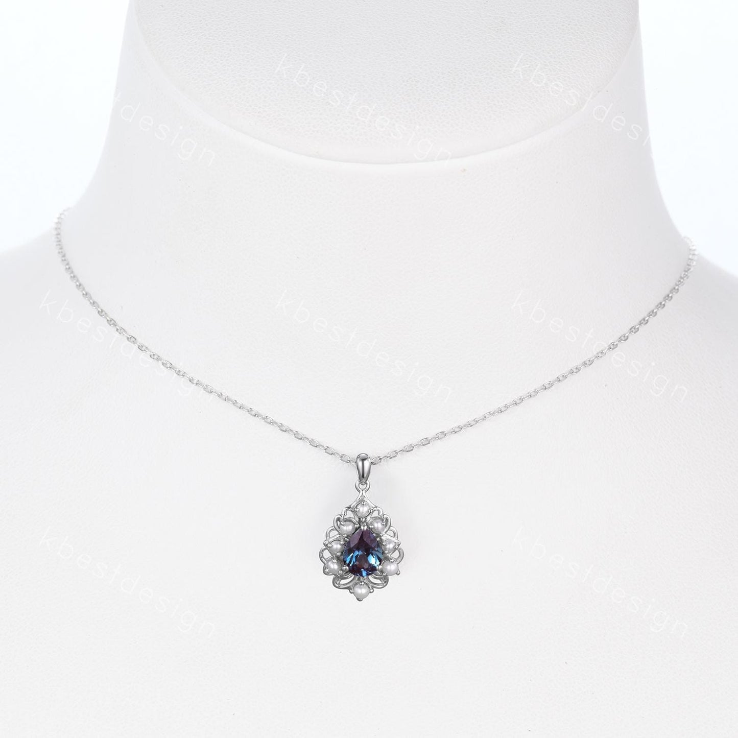 Vintage 1.5CT Alexandrite Necklace Sterling Silver Pearl Halo Pendant June Birthstone Jewelry Unique Art Deco Bridal Promise Necklace Gift
