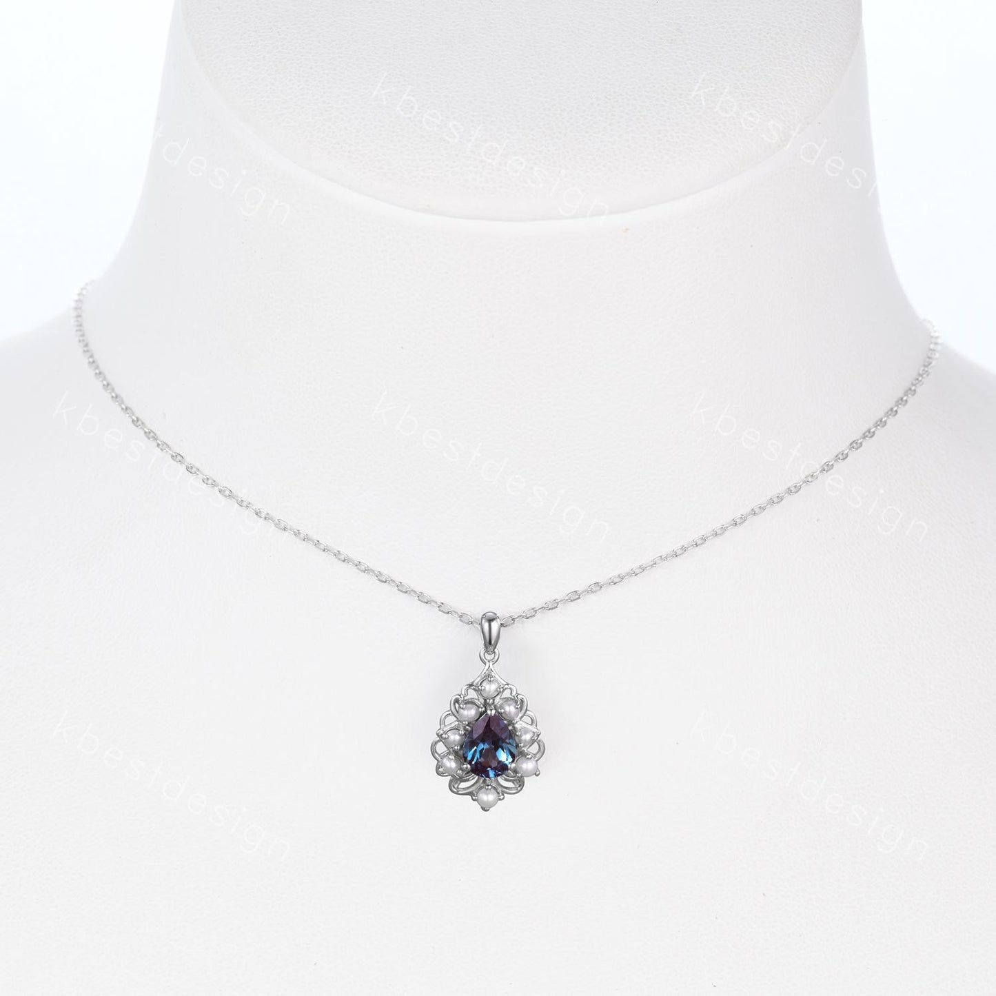 Vintage 1.5CT Alexandrite Necklace Sterling Silver Pearl Halo Pendant June Birthstone Jewelry Unique Art Deco Bridal Promise Necklace Gift