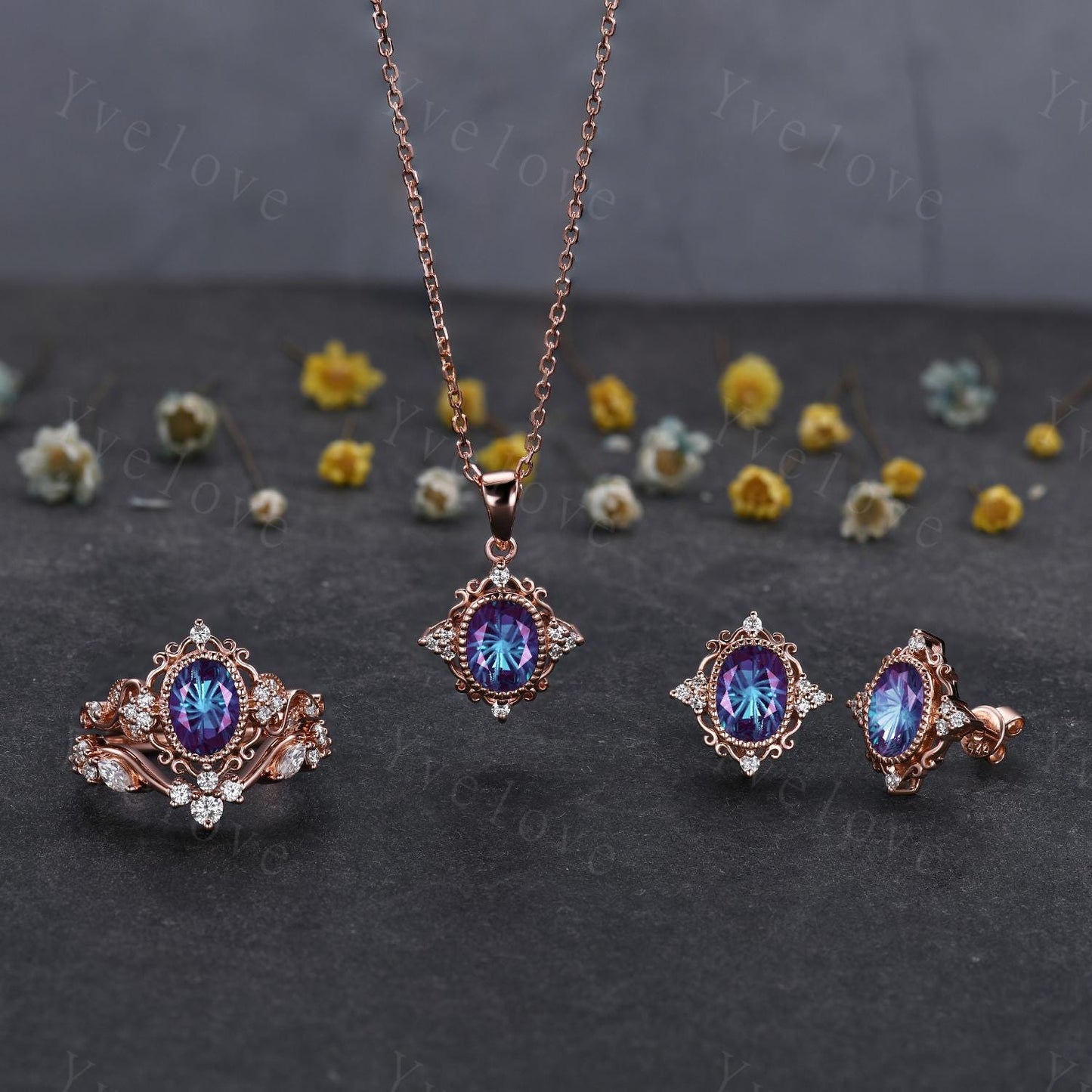 Retro Firework Cut Alexandrite Earrings,Oval Cut Gems,Art Deco Diamond Delicate Stud Earrings,Rose Gold Personalized Bridal Gift for Her