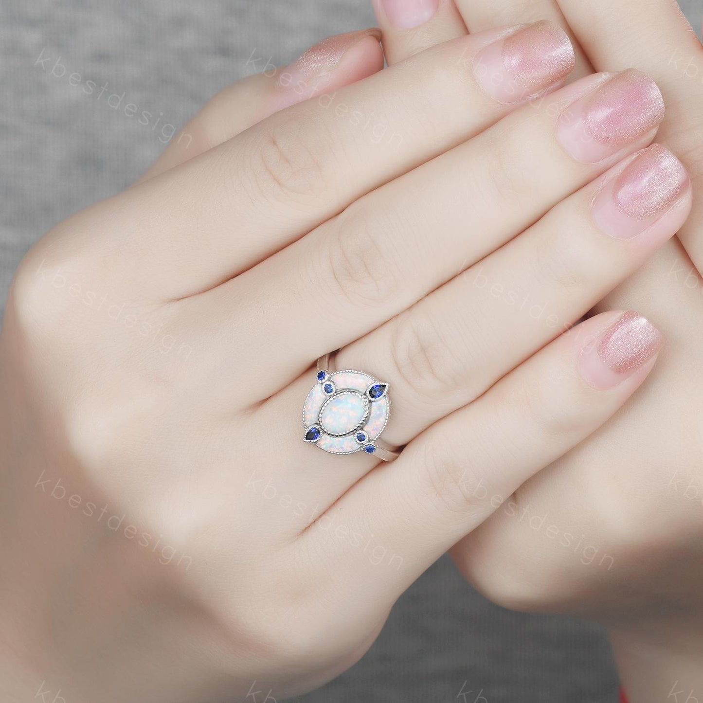 Antique White Opal Engagement Ring Sterling Silver Opal Sapphire Halo Engagement Ring Vintage Cocktail Ring October Birthstone Ring Gift