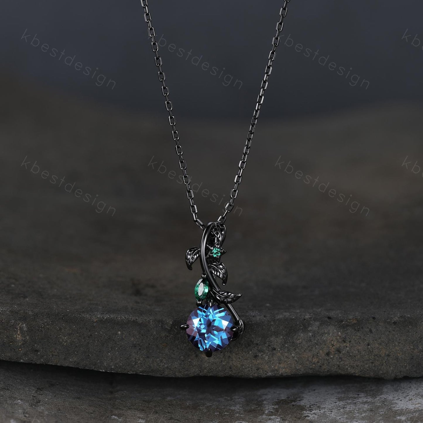 Round cut white opal necklace women black gold pendant necklace unique gothic pendant art deco emerald leaf necklace anniversary gift