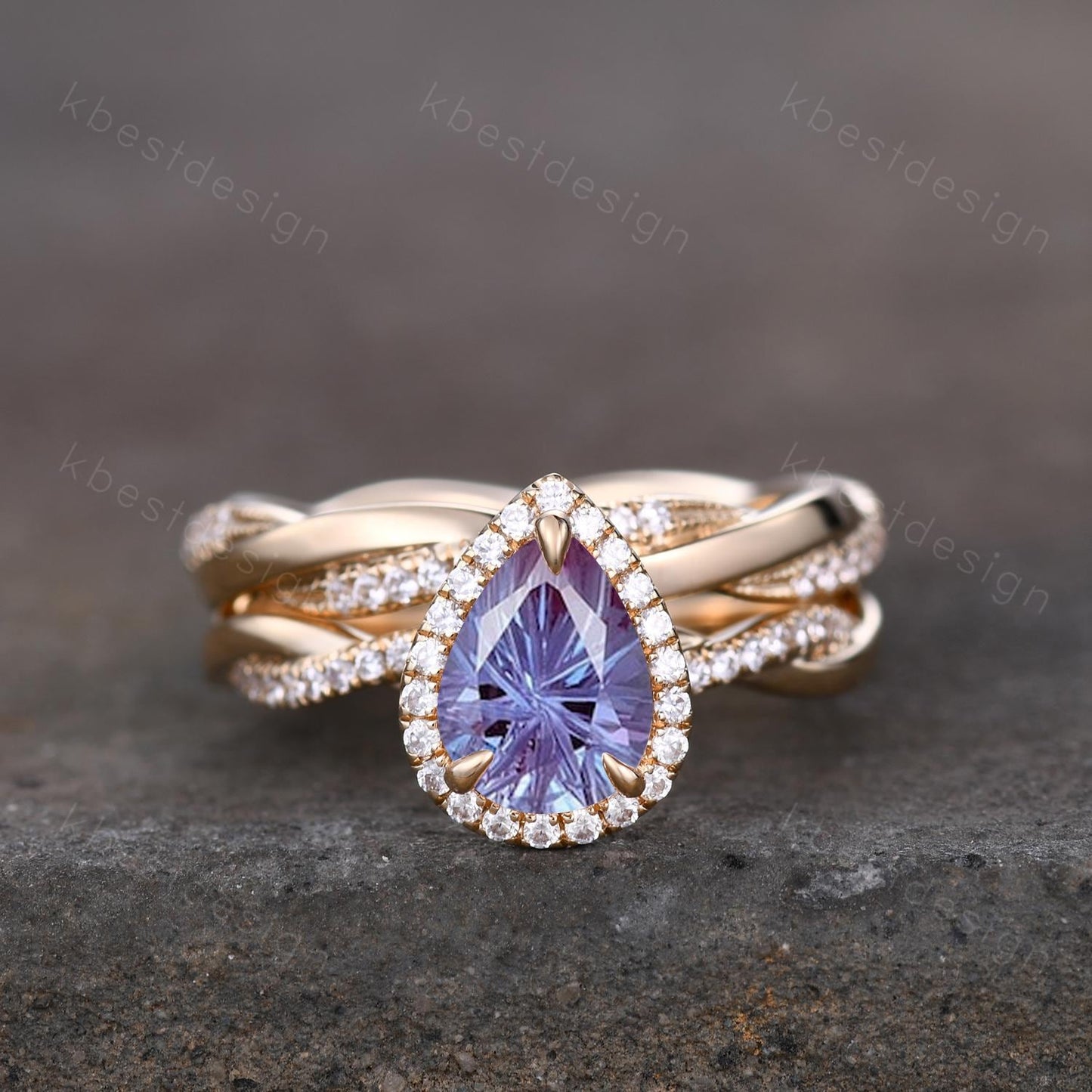 Firework Alexandrite Engagement Ring Set Teardrop Alexandrite Ring Twist Moissanite Wedding Band Promise Ring Bridal Set 14K Solid Gold Ring