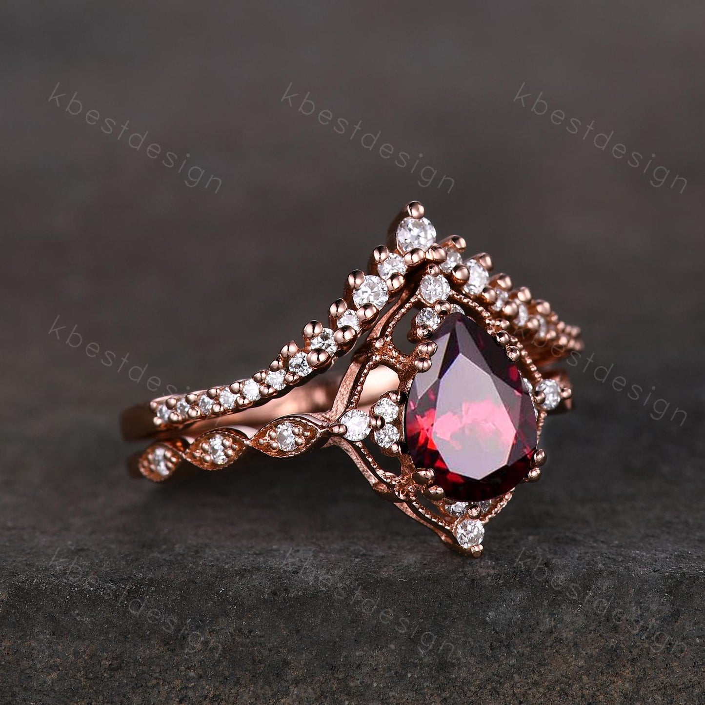 Vintage garnet engagement ring rose gold art deco curved stacking band pear cut bridal set unique moissanite wedding set anniversary gift